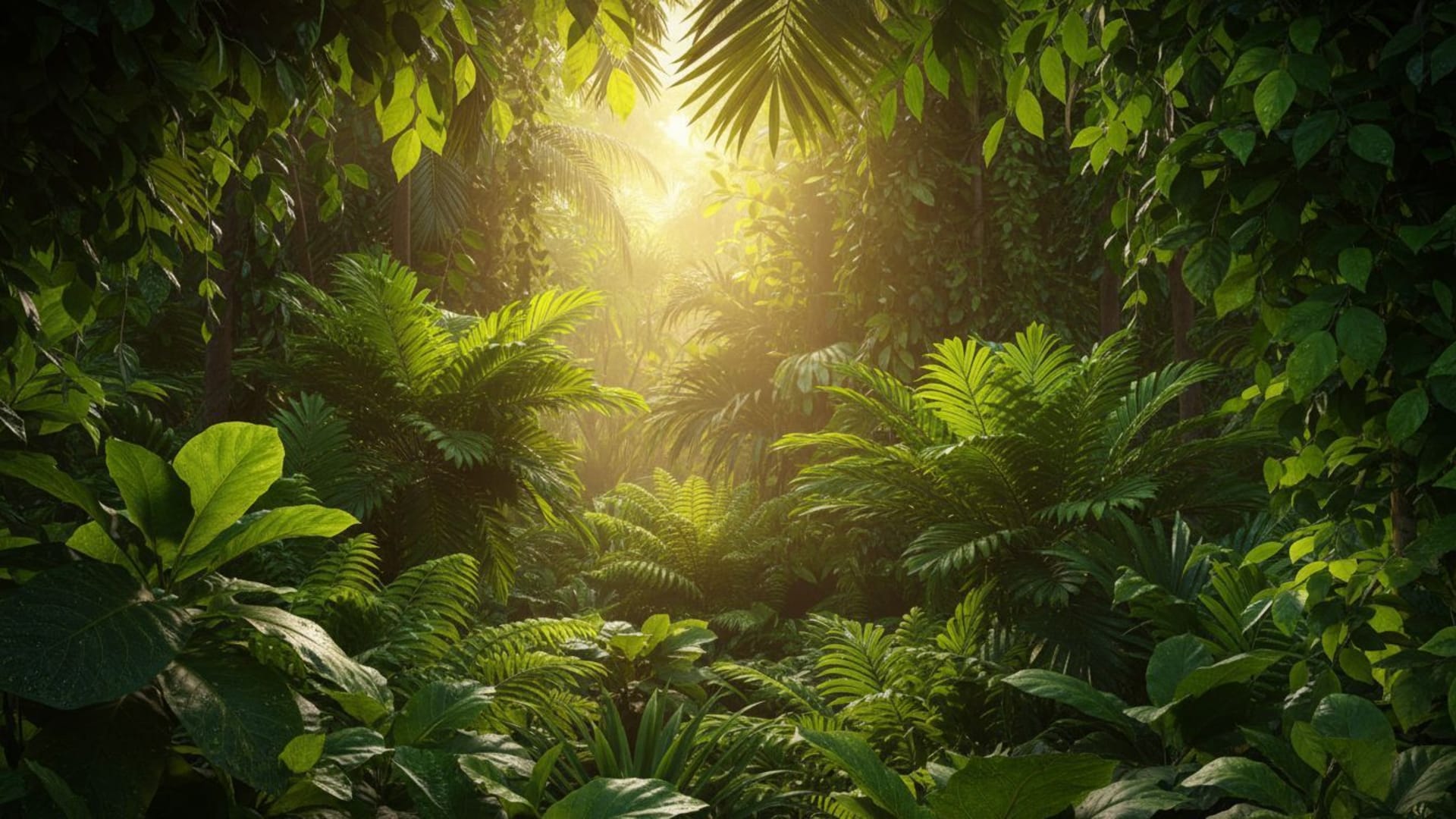 canopée de forêt tropicale lumière du soleil à travers les feuilles textures fond ecran vert luxuriant vif