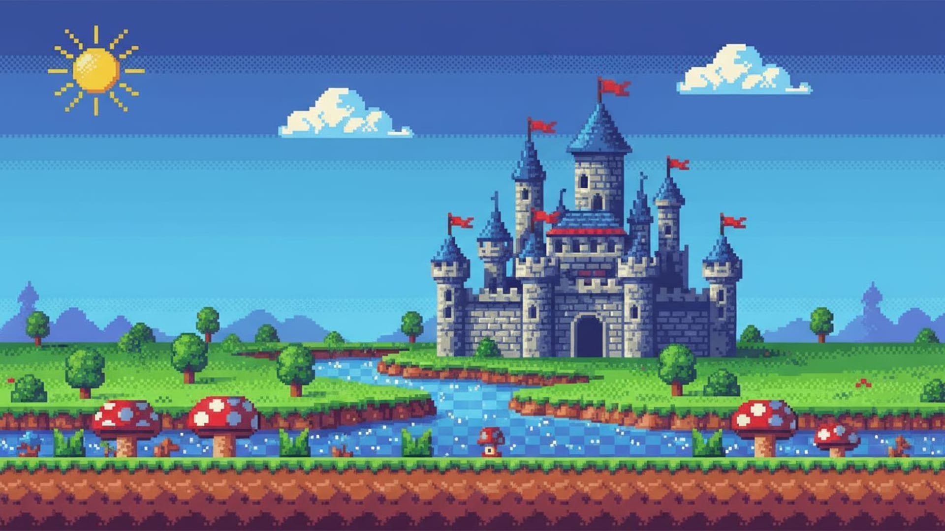 Fond d'écran de jeu vidéo rétro en pixel art avec couleurs 8 bits classiques