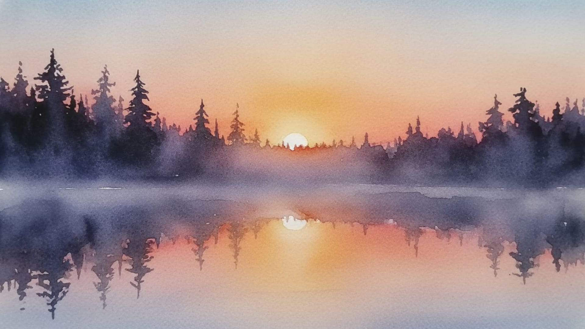 coucher de soleil sur le lac, silhouettes d’arbres, reflets calmes, style aquarelle, brume, soir doux, horizon