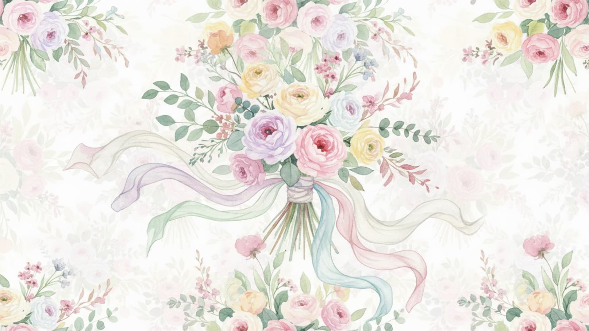 Un bouquet de fleurs soft en aquarelle pastel avec chiffon, fond ecran floral doux, romantisme printanier