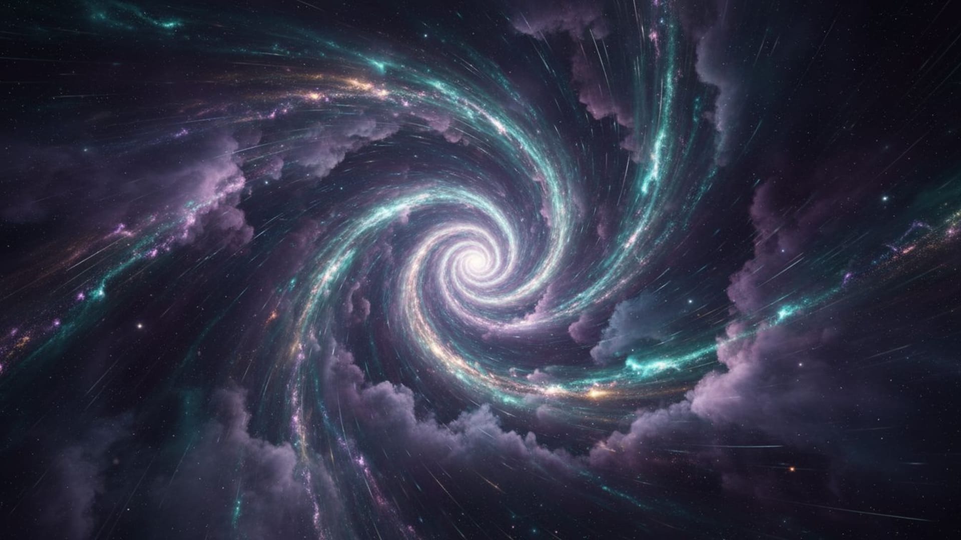 Courbure espace-temps galaxie fractale particules cosmique violet teal fond ecran rêve mouvement