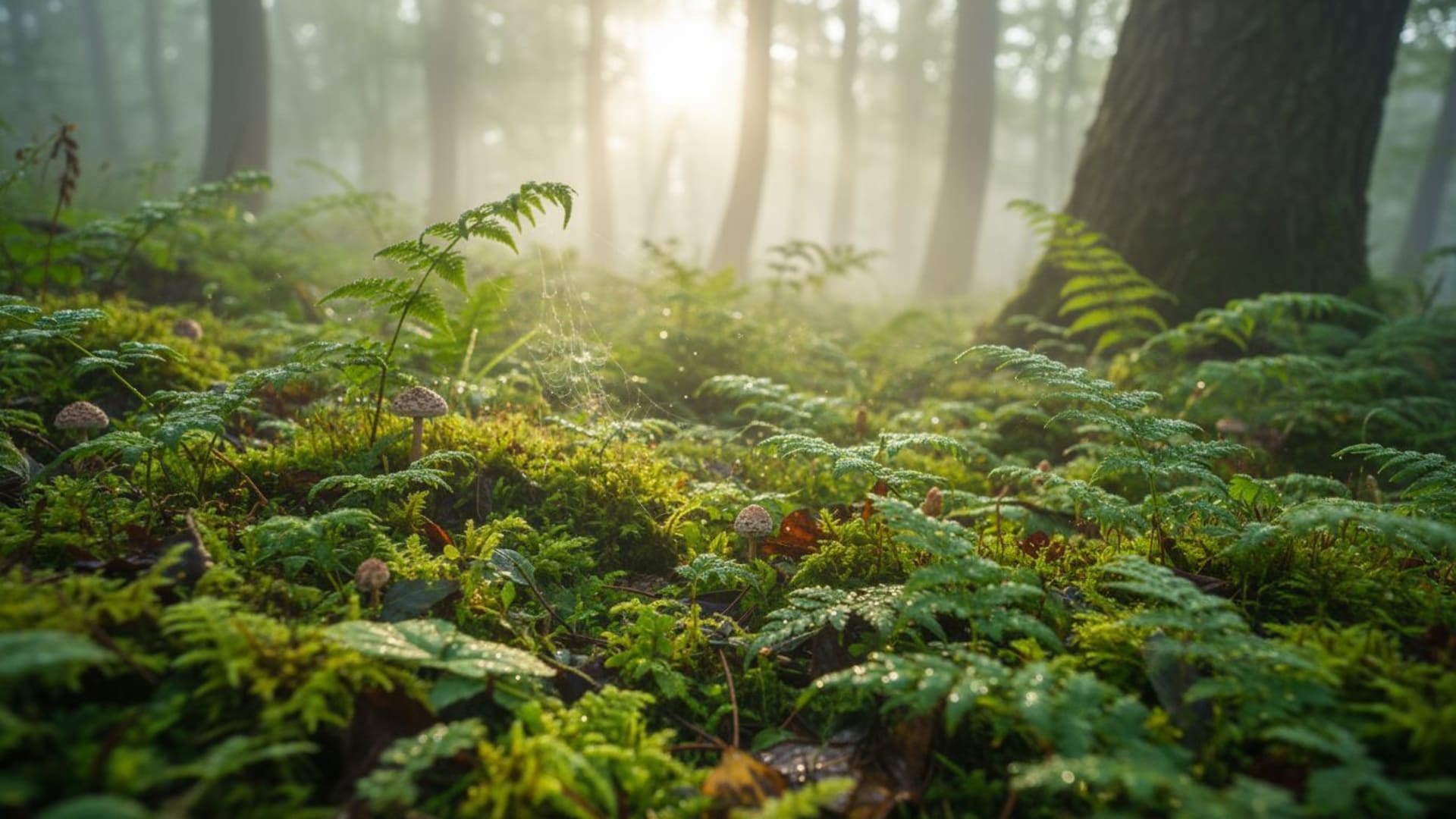 nature forêt soleil lumière brume vert arbres macro texture fond ecran 4k hd