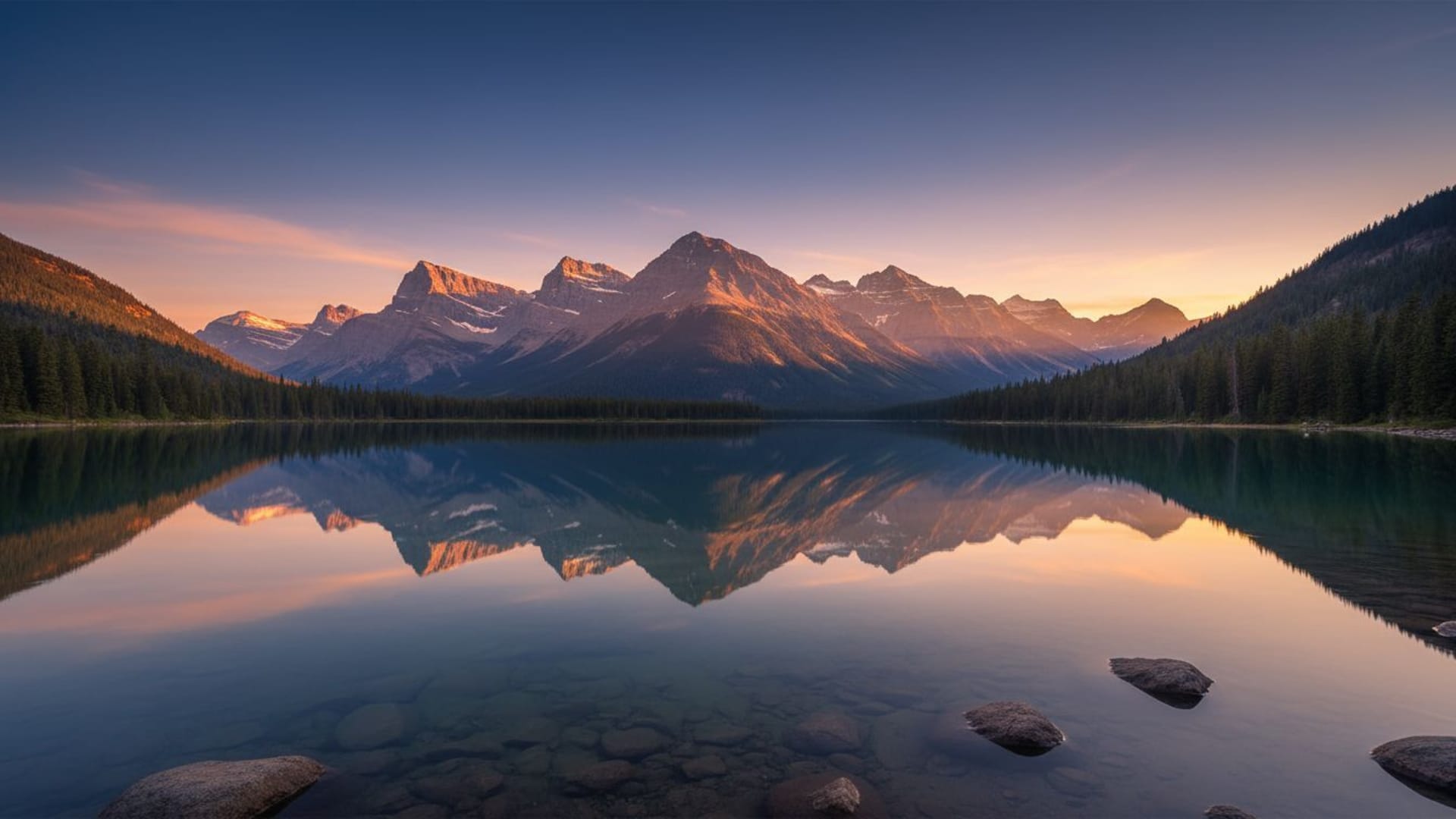 Montagnes lever de soleil lac reflets calme paysage panorama fond d'écran 8k hd