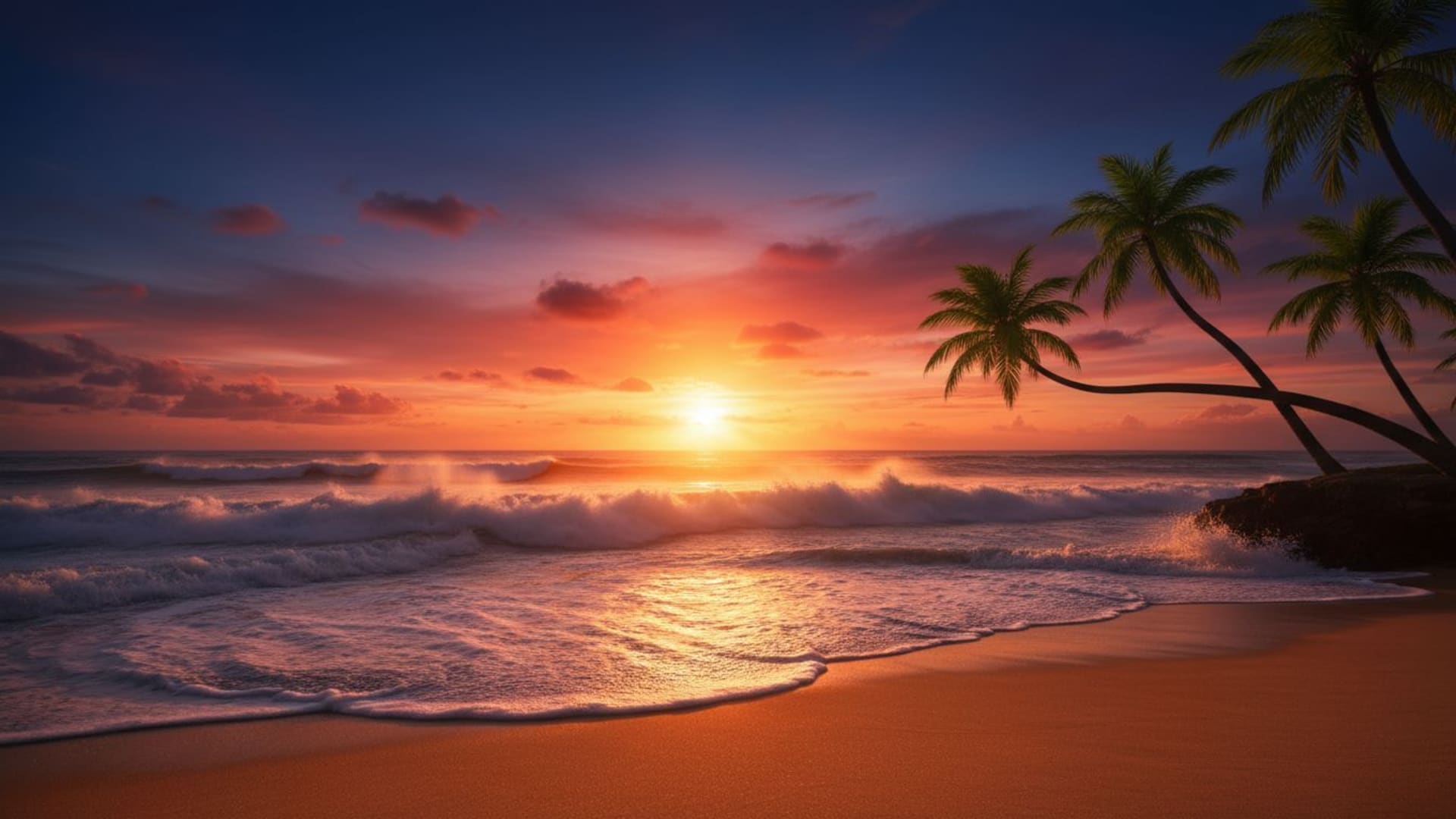 Vagues de l'océan plage coucher de soleil orange et bleu dégradé fond ecran tropical 4k