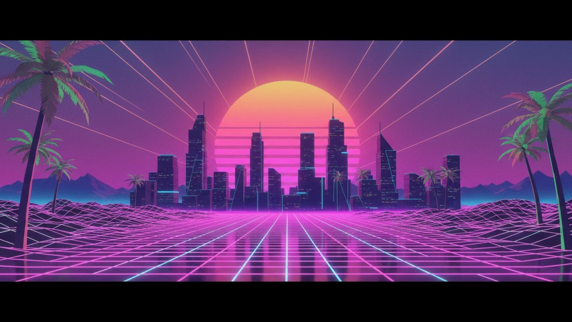 esthétique vaporwave rétro néon grille coucher de soleil paysage urbain science-fiction fond d'écran rêveur