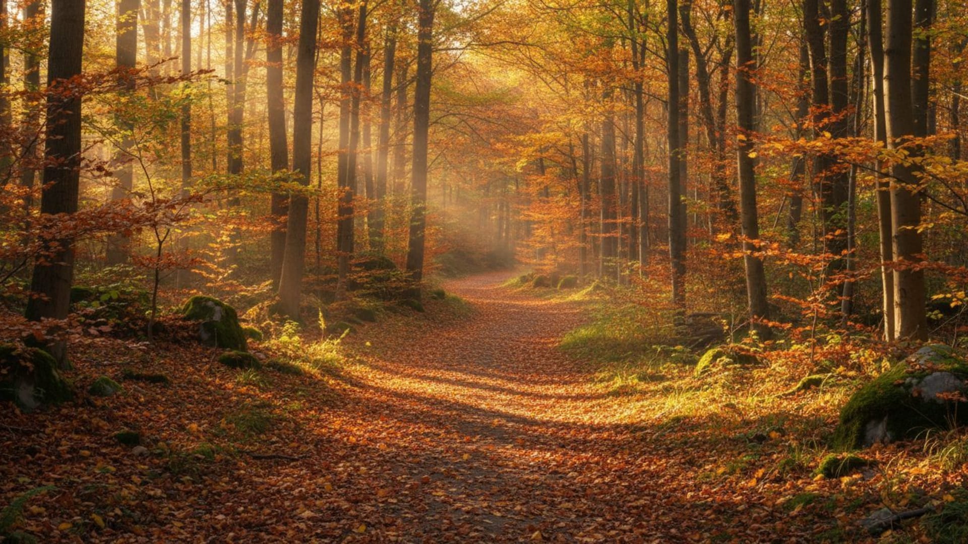 Sentier forestier feuilles d'automne lumière du soleil lumière tamisée nature fond ecran photographie