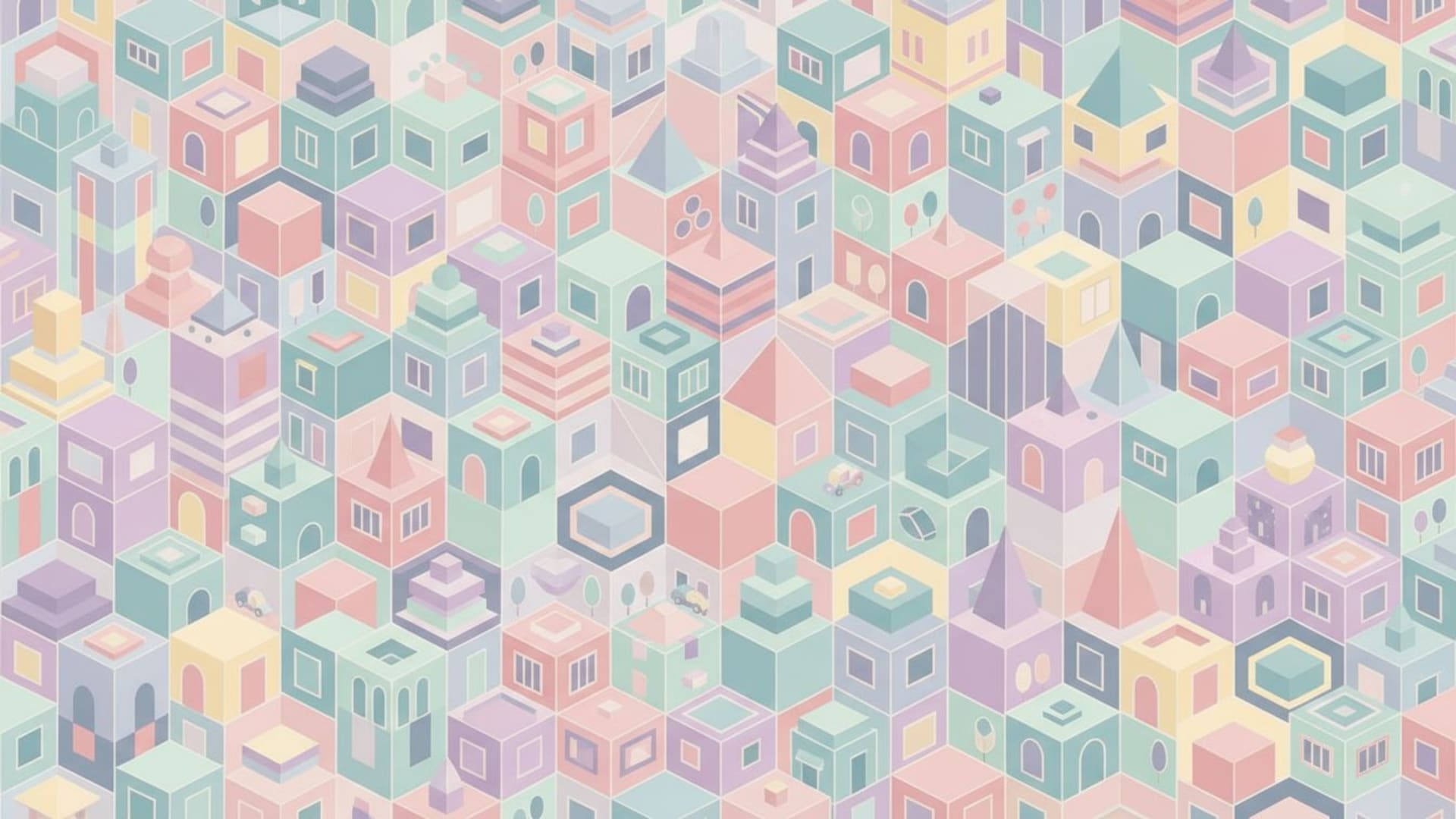 fond d'écran de motif géométrique avec blocs de couleurs pastel et vue urbaine isométrique