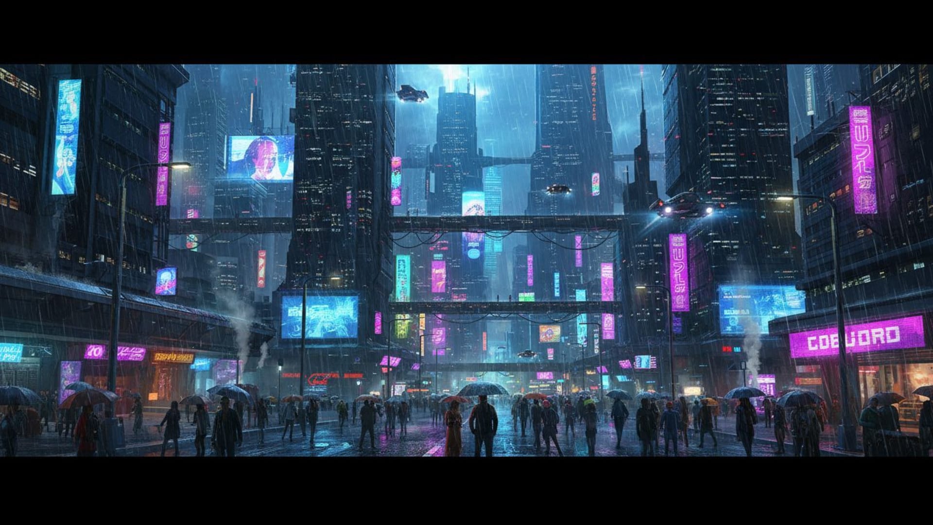 ville cyberpunk pluie néon futuriste sombre fond d’écran urbain nuit éclat