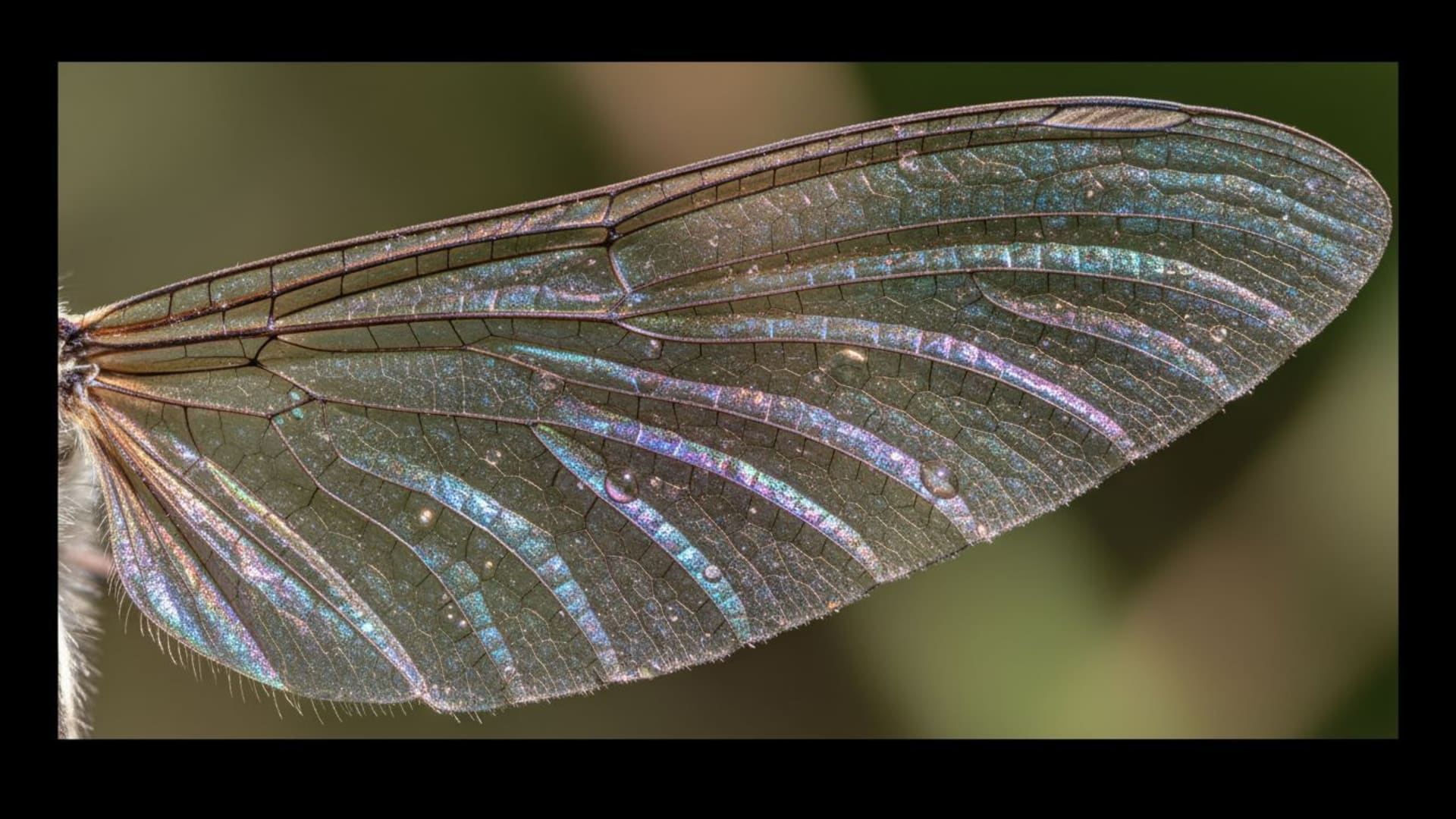 macro d'une aile d'insecte en gros plan motifs colorés symétrie texture transparente veines scintillement détaillé