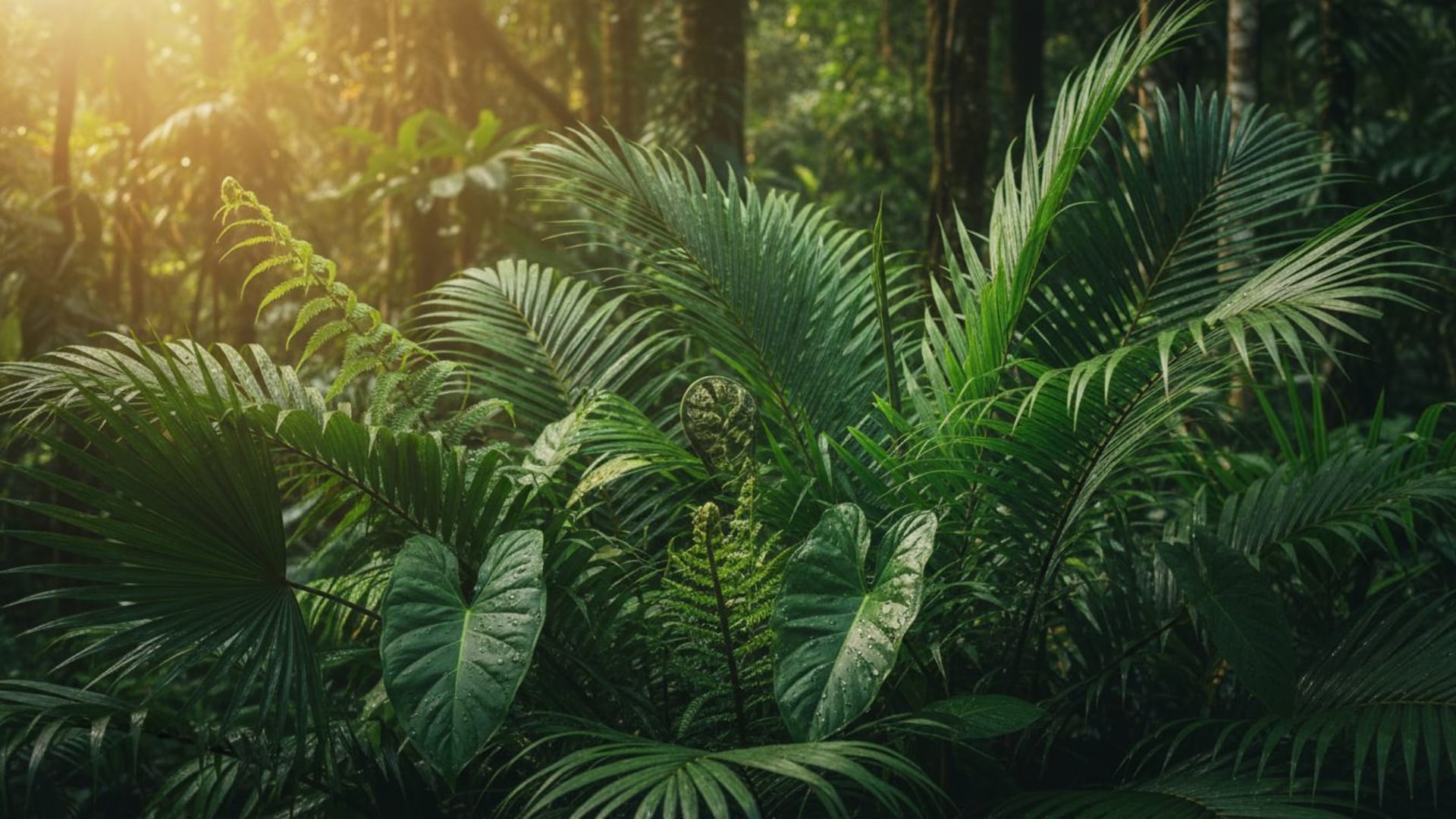 forêt tropicale botanique feuillage luxuriant fougères palmiers gros plan vert vif humidité soleil humidité