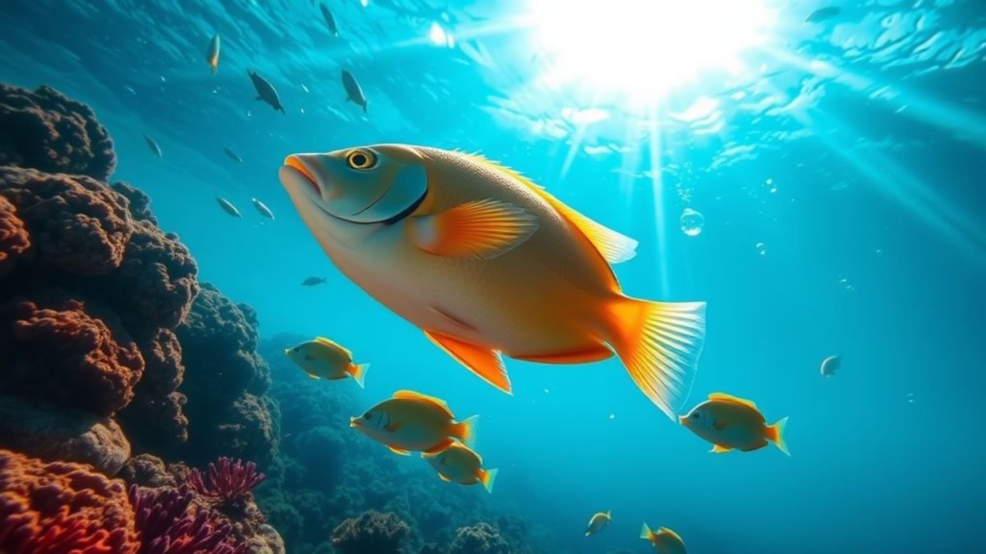 Poisson de récif océan sous-marin corail turquoise bleu tropical calme serein fond d'écran macro bulles rayons de soleil