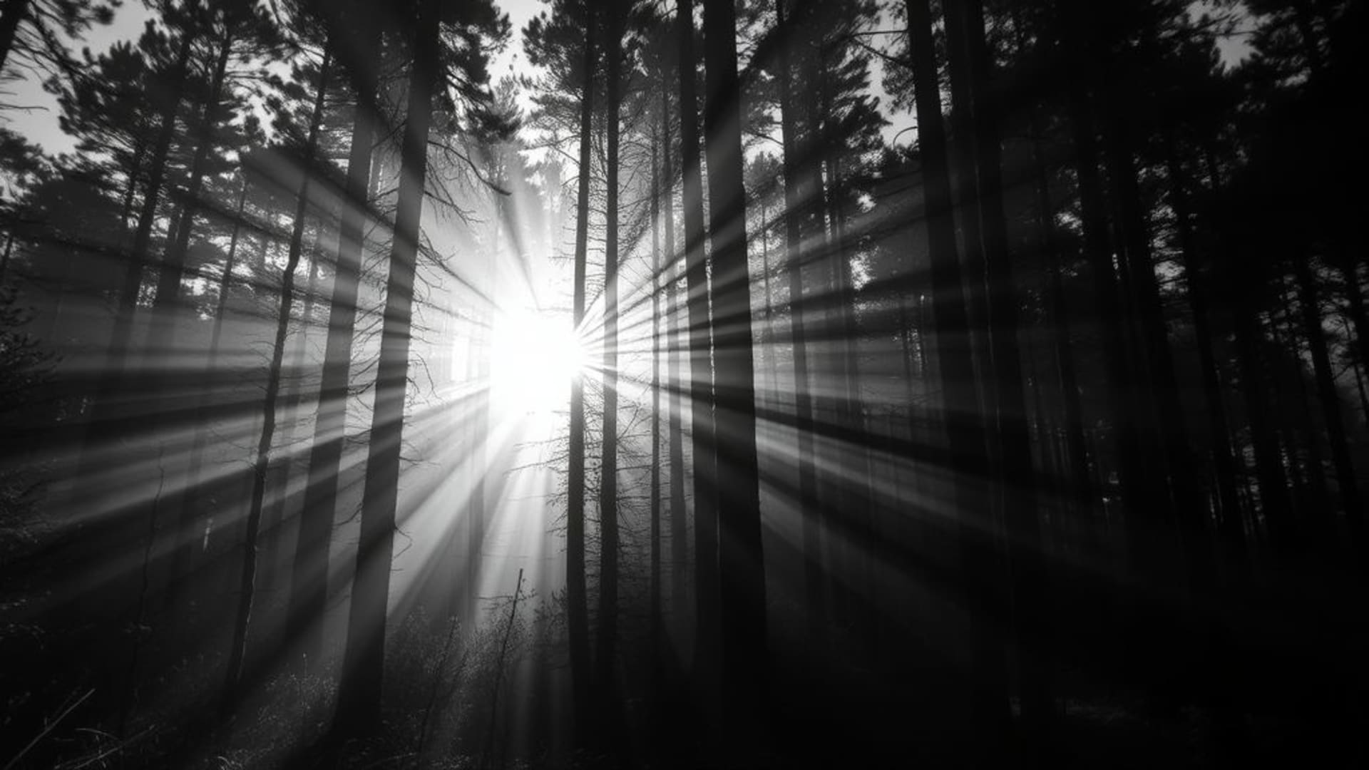 brume de forêt rosée du matin rosée rayons de soleil pins monochrome noir blanc dramatique fond ecran