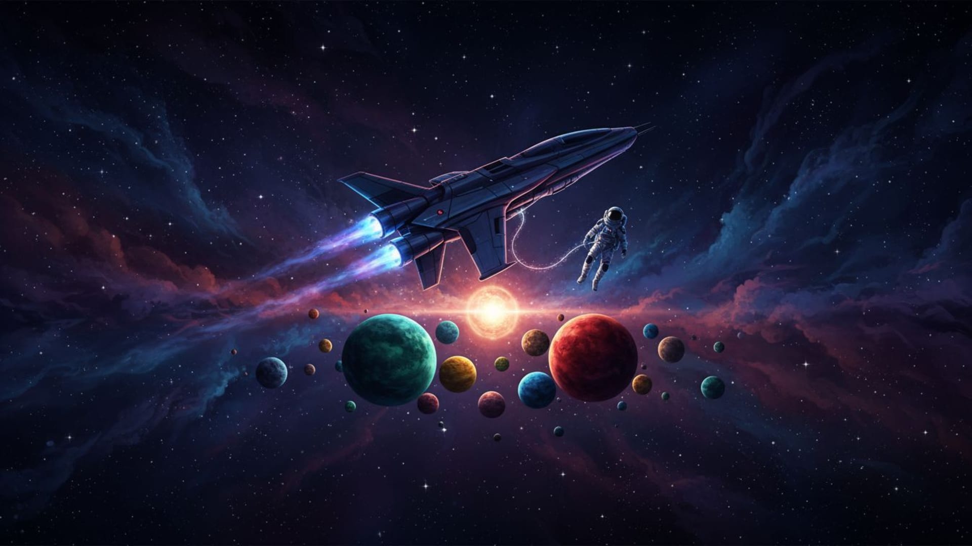 vaisseau spatial nébuleuse planètes illustration vectorielle science-fiction fond d'écran astronaute galaxie étoiles sombres design éthéré