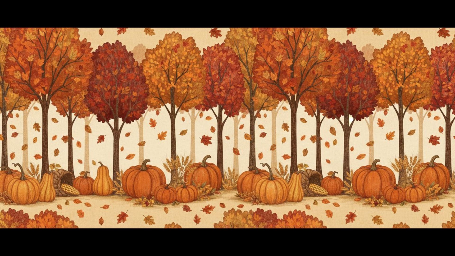 Palette de couleurs automnale des feuilles qui tombent dans la forêt, chaleureuse et douillette, fond d'écran de citrouilles, récolte, brise