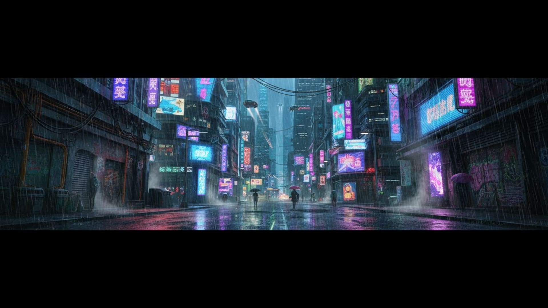 paysage urbain cyberpunk lueur de néon pluie réflexions ruelle futuriste nuit fond ecran