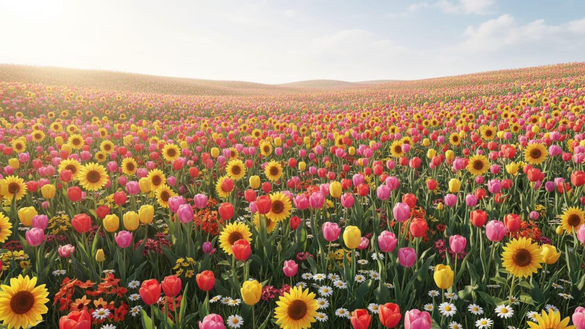 champ de fleurs tulipes tournesols marguerites prairie coloré fond ecran lumineux nature paysage