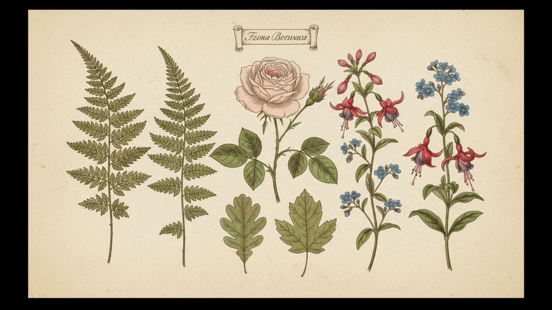 illustration botanique vintage herbier étude de plante aquarelle gravure dessin au trait feuilles fleurs fougères dessiné à la main naturel