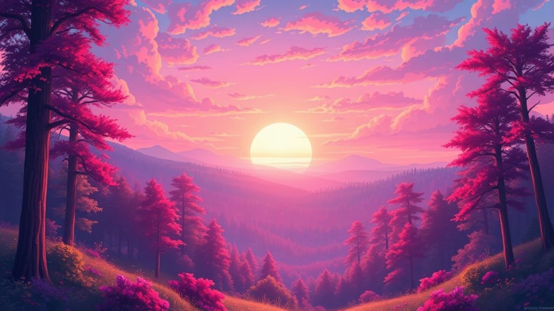 paysage de style anime forêt fantastique magique lever de soleil cieux pastel couleurs vives fond ecran