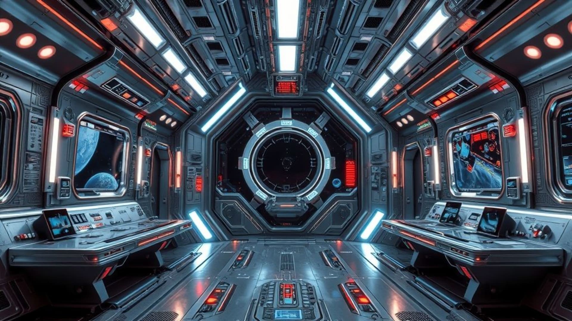 Intérieur de station spatiale futuriste aux textures en chrome métal avec accents néon et technologie en fond d'écran
