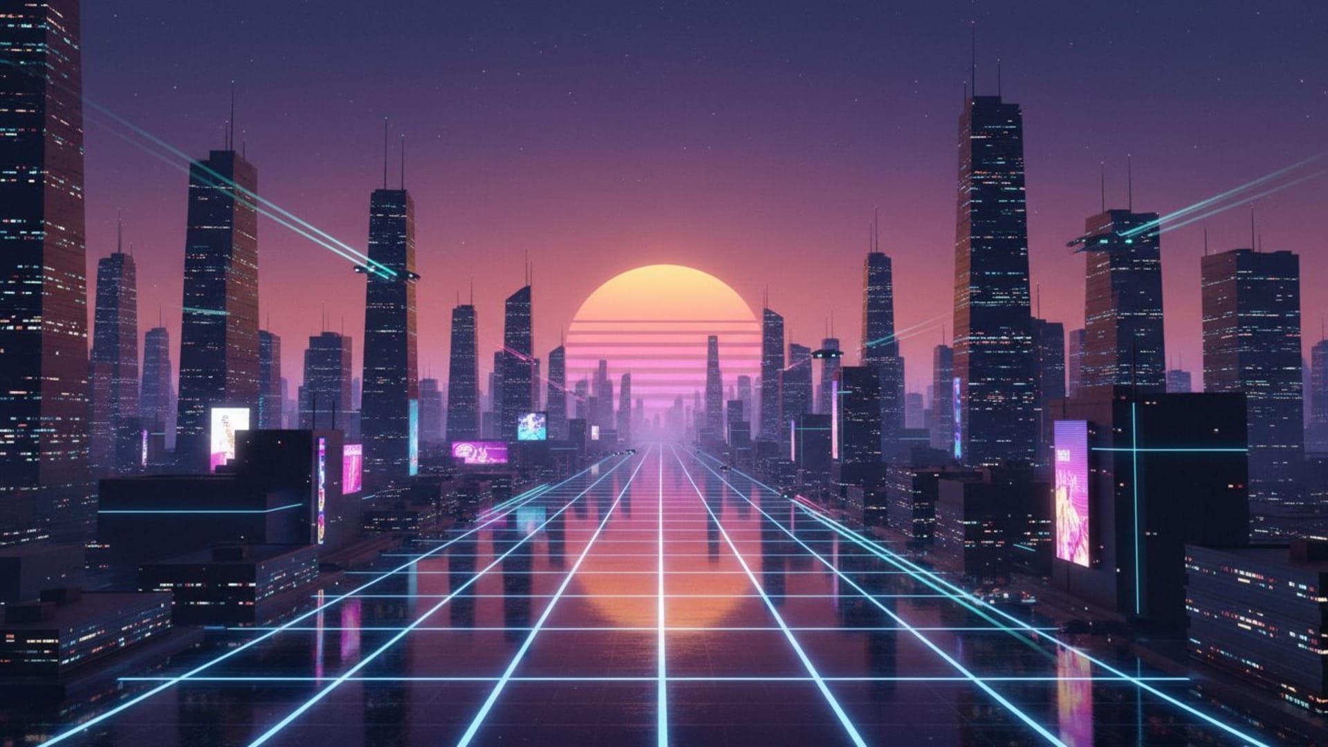 panneau lumineux en grille cyberpunk horizon lever de soleil paysage urbain rétro-futurisme fond d'écran art numérique