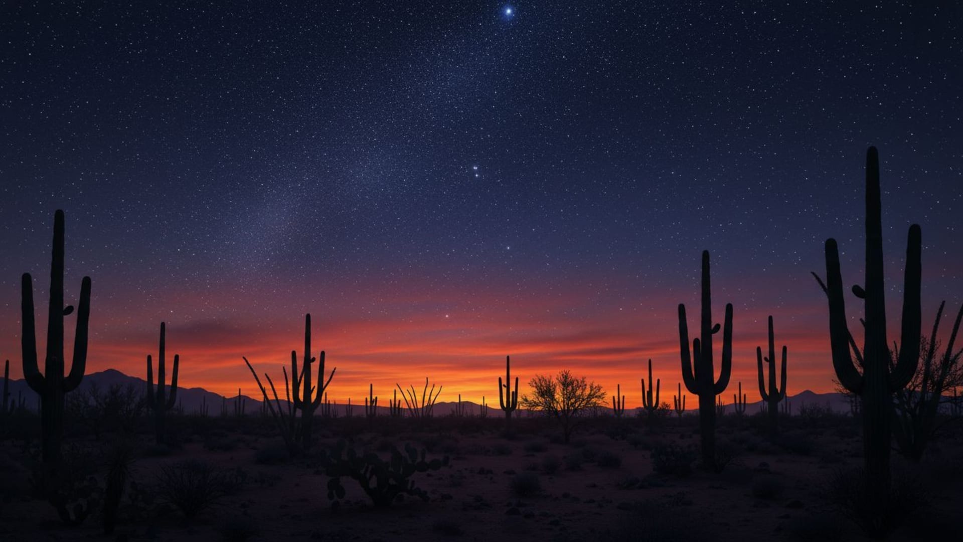 silhouettes de cactus dans le désert ciel étoilé dégradé coucher de soleil fond d'écran sombre et frais