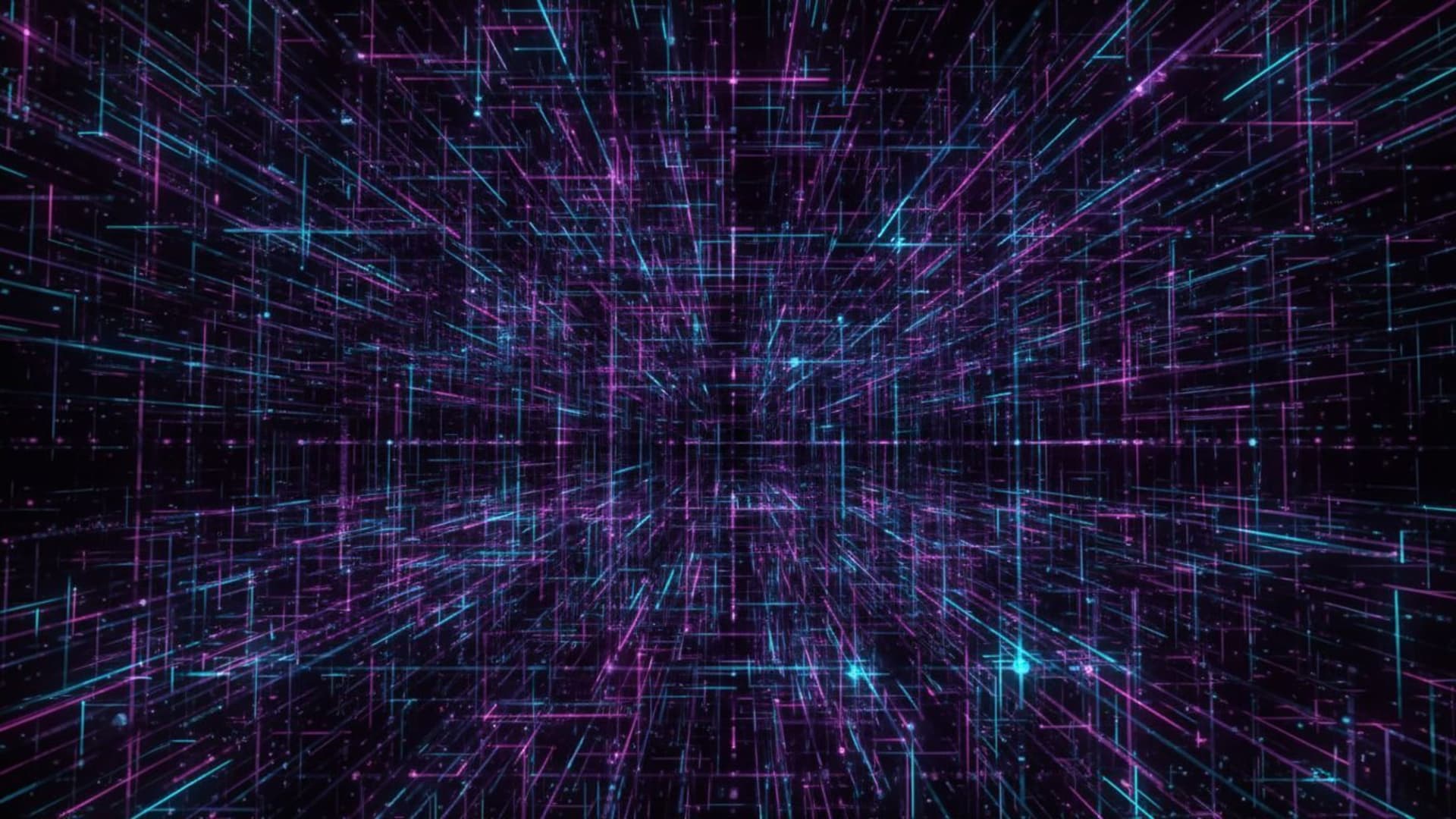Visualisation de données de réseau de neurones avec des lignes abstraites, des nœuds qui brillent, une matrice numérique, des tons violet, cyan et rose, une grille en mouvement et du bruit.