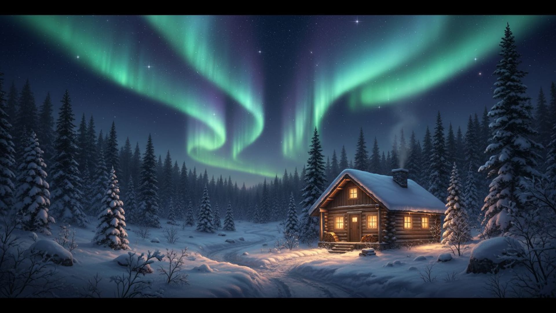 Paysage hivernal forêt enneigée aurore ciel nocturne cabane cozy lumière chaude fond ecran