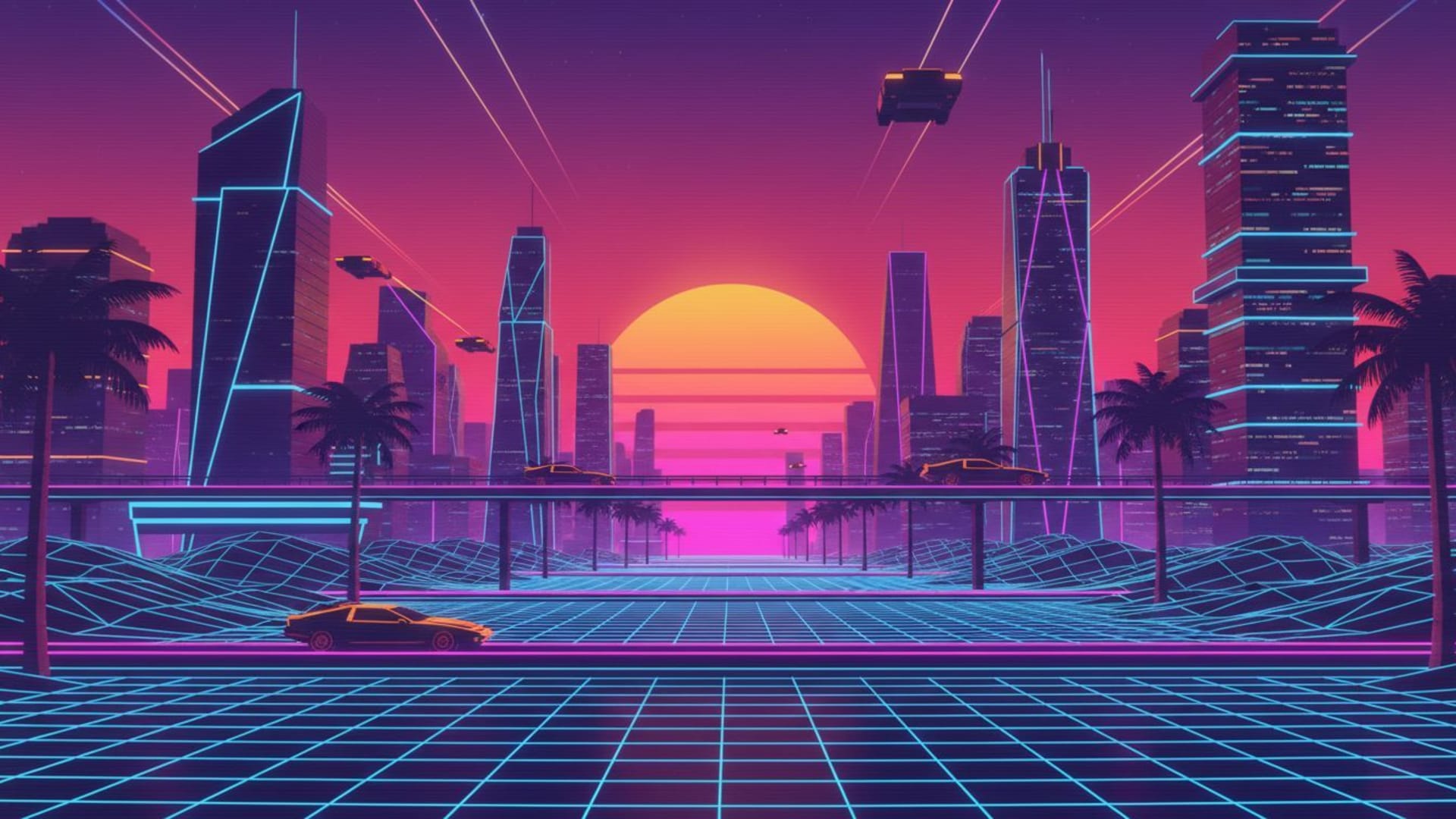 cité vaporwave néon rétrofuturiste 80s synthwave grille coucher de soleil palmiers
