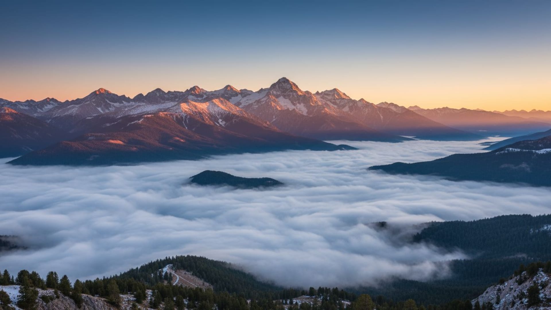 paysage de montagne lever de soleil brouillard alpin nature large fond d'écran haute résolution