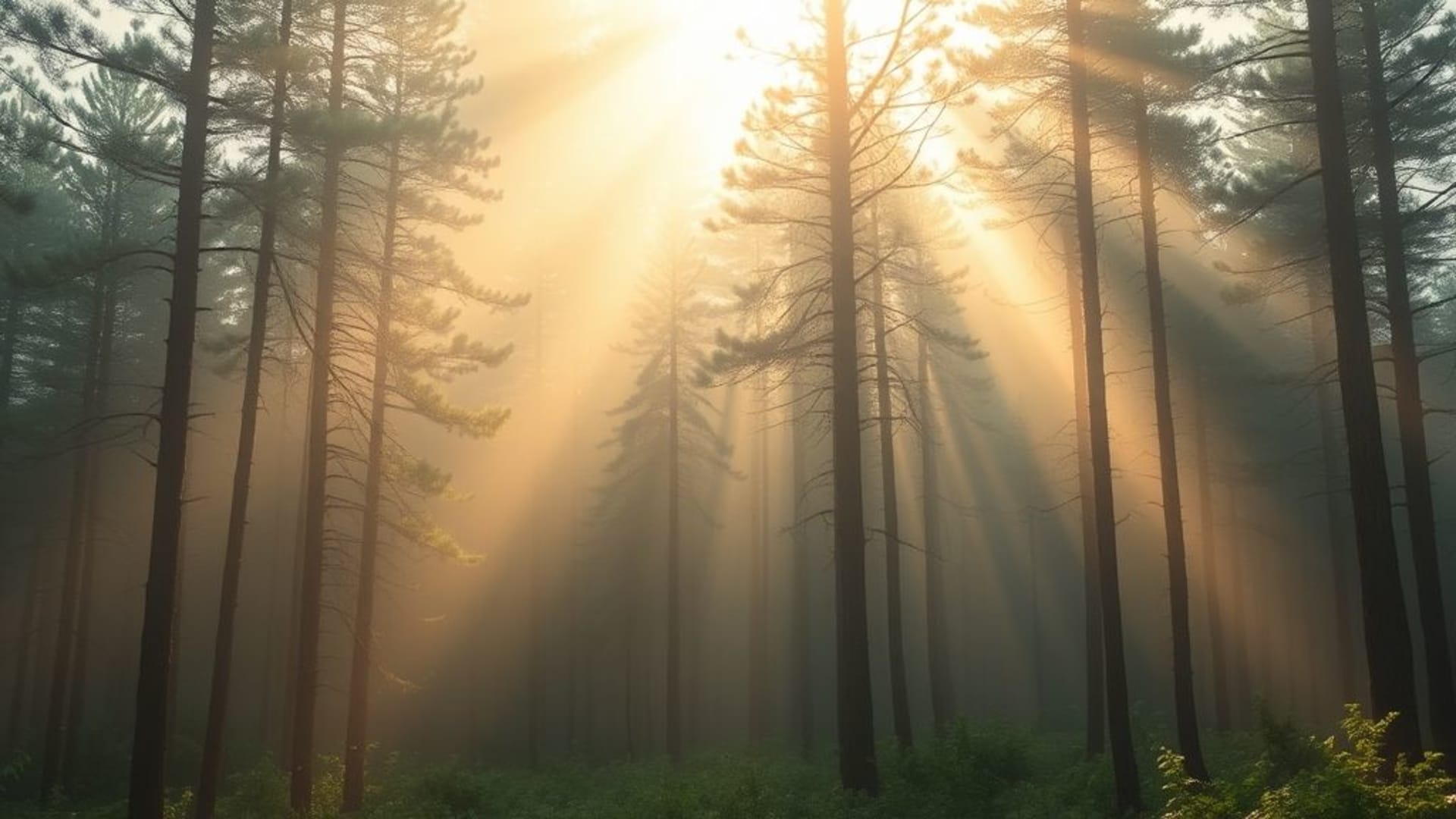 forêt bois pin arbres matin brumeux rayons de soleil fond d'écran vert calme