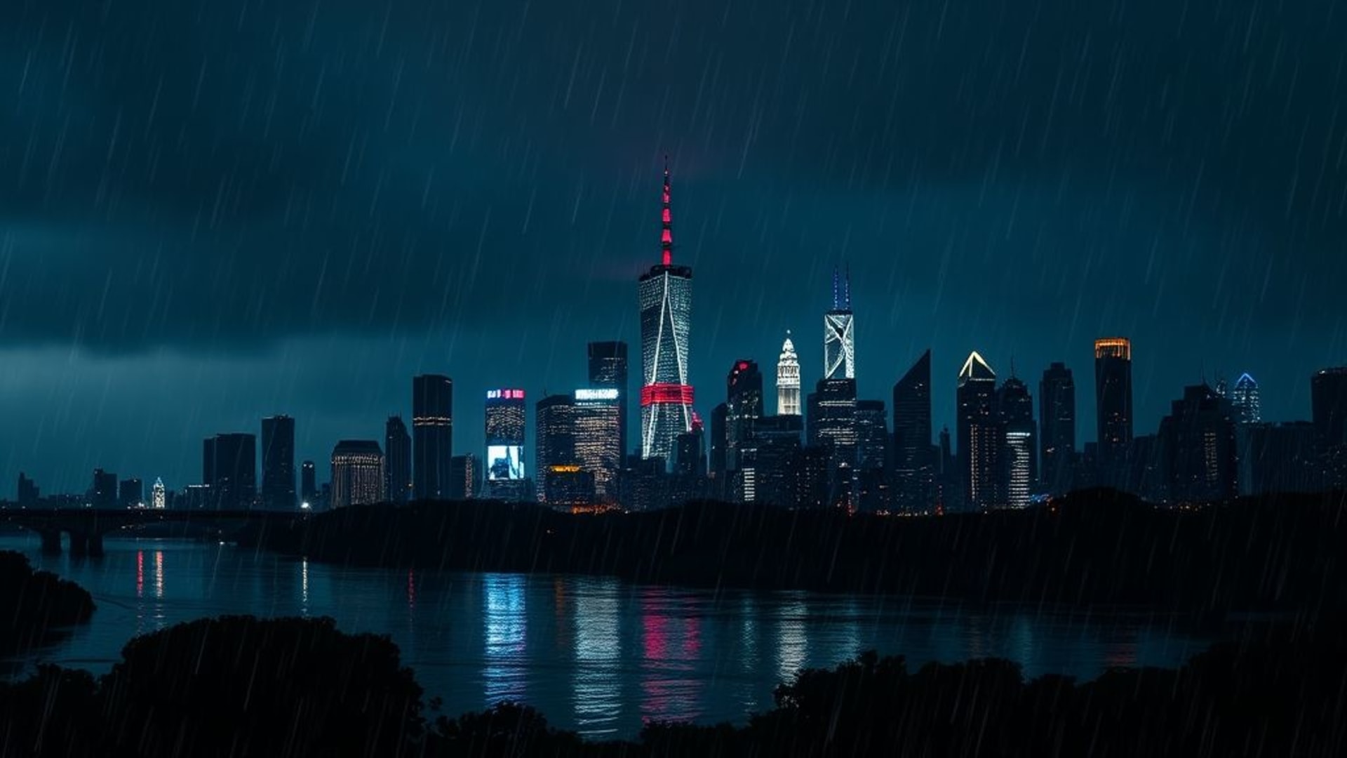 Silhouette de la ligne d'horizon de la ville de minuit pluie reflets néons éclairages fond ecran orageux