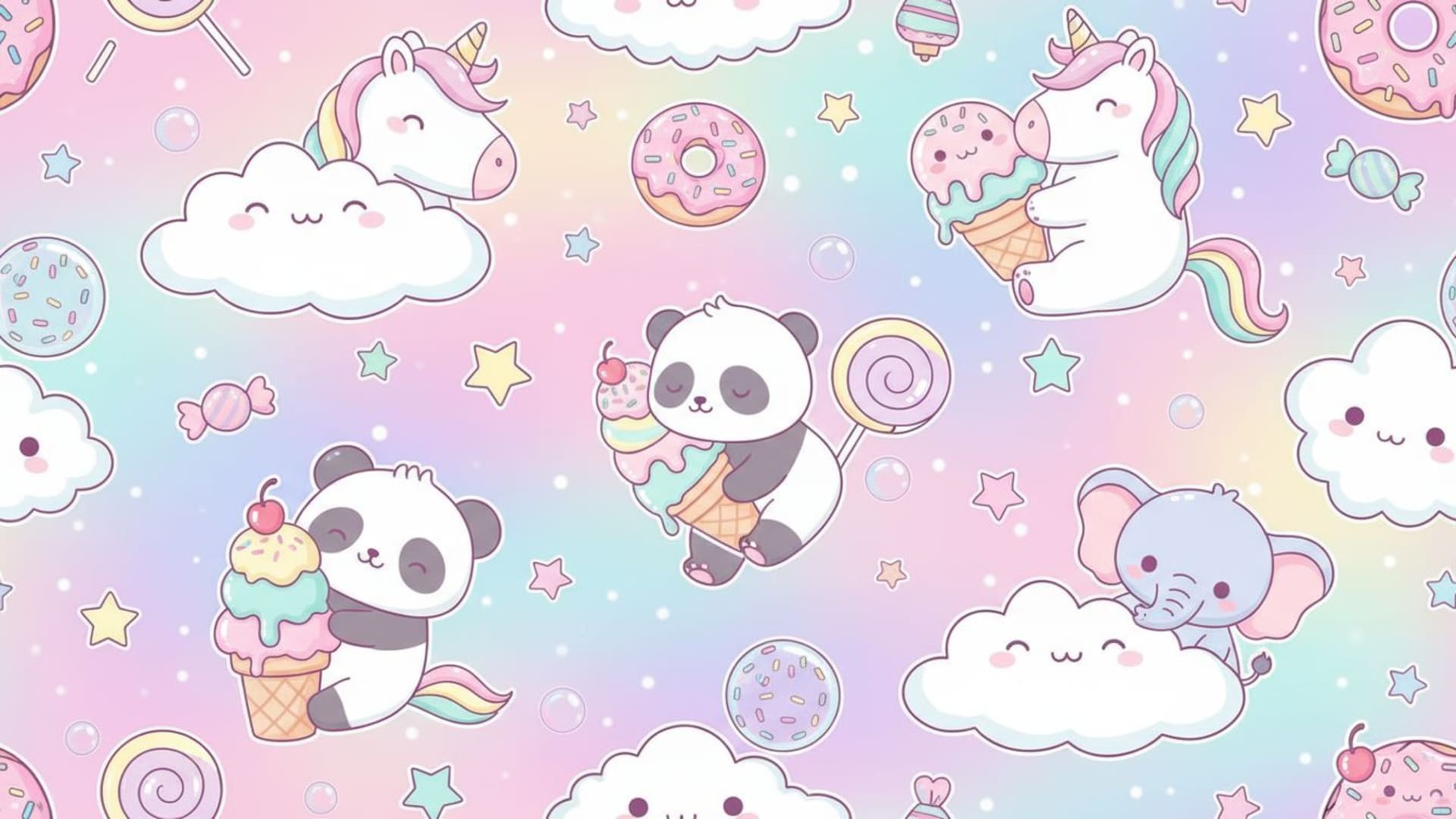 motif mignon kawaii pastel avec animaux, nuages, étoiles, bonbons, crème glacée, licorne, bulles, paillettes rose et bleu