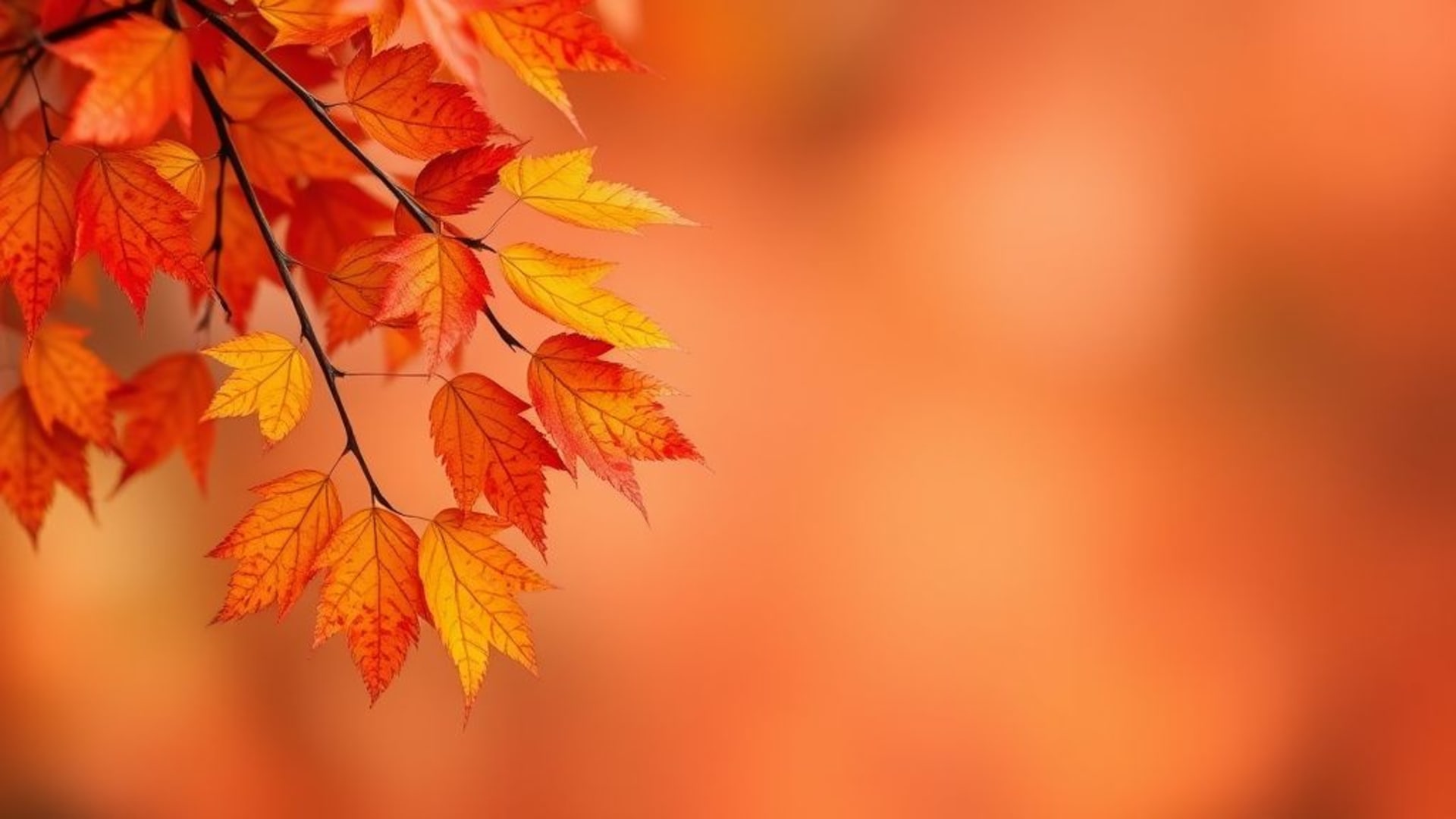 Feuilles d'automne aux teintes chaudes orangées, rouges et jaunes en dégradé pour un fond d'écran confortable