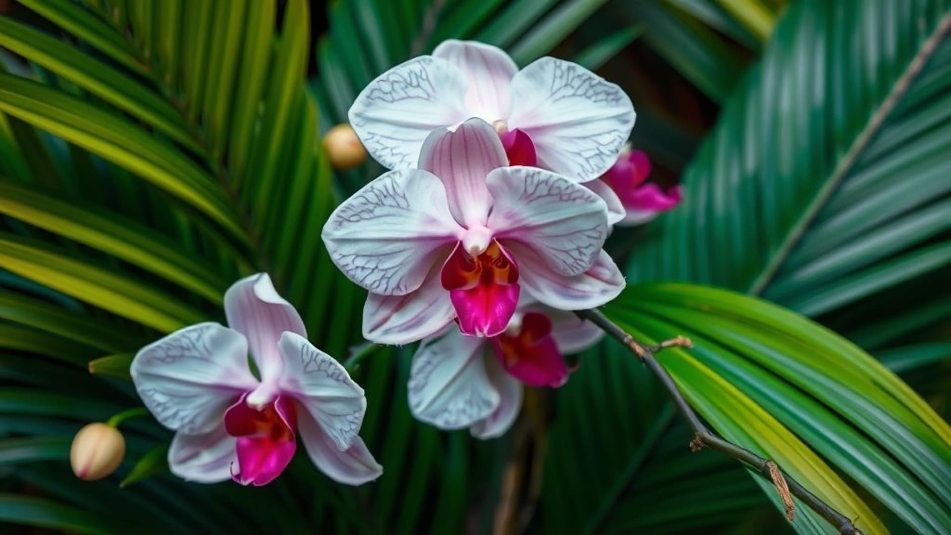 orchidées de jungle tropicale feuilles de palmier couleurs vives fond d'écran gros plan texture