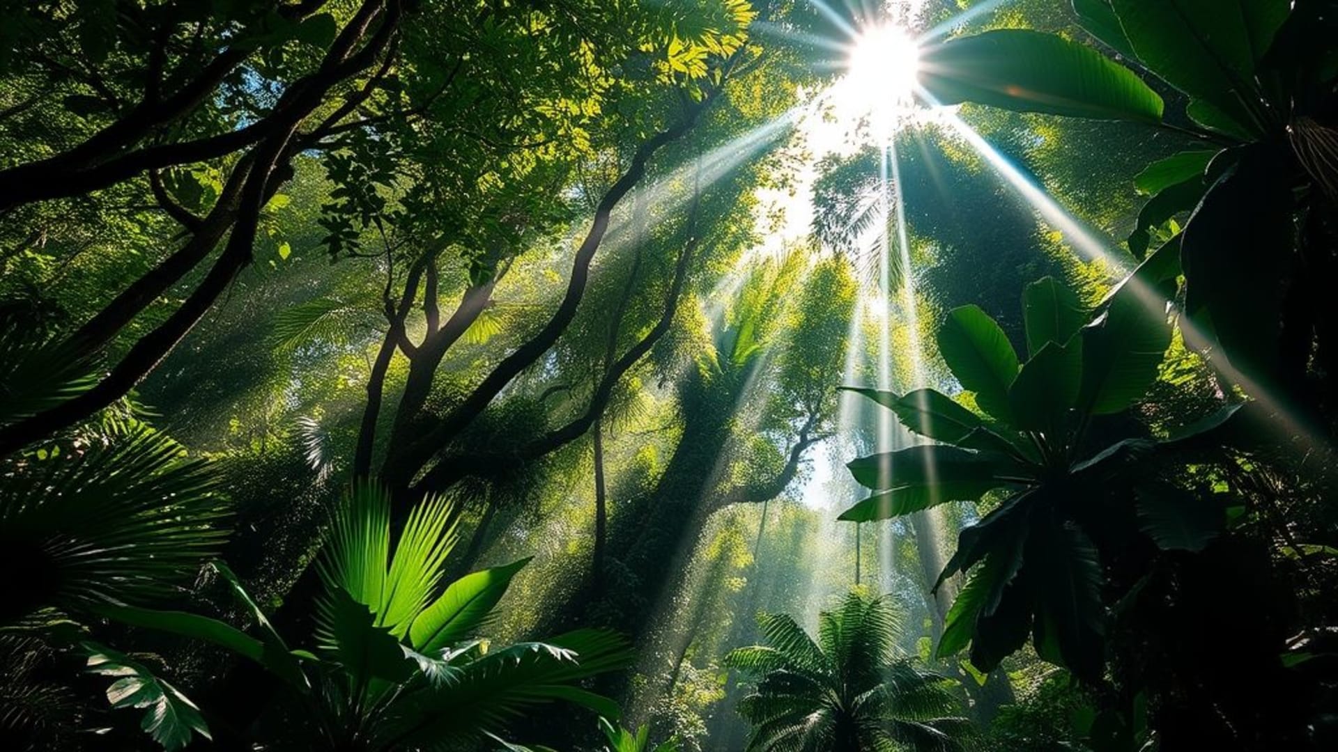 Les rayons du soleil traversent la canopée de la forêt tropicale à travers les feuilles, créant un motif tropical avec une végétation luxuriante