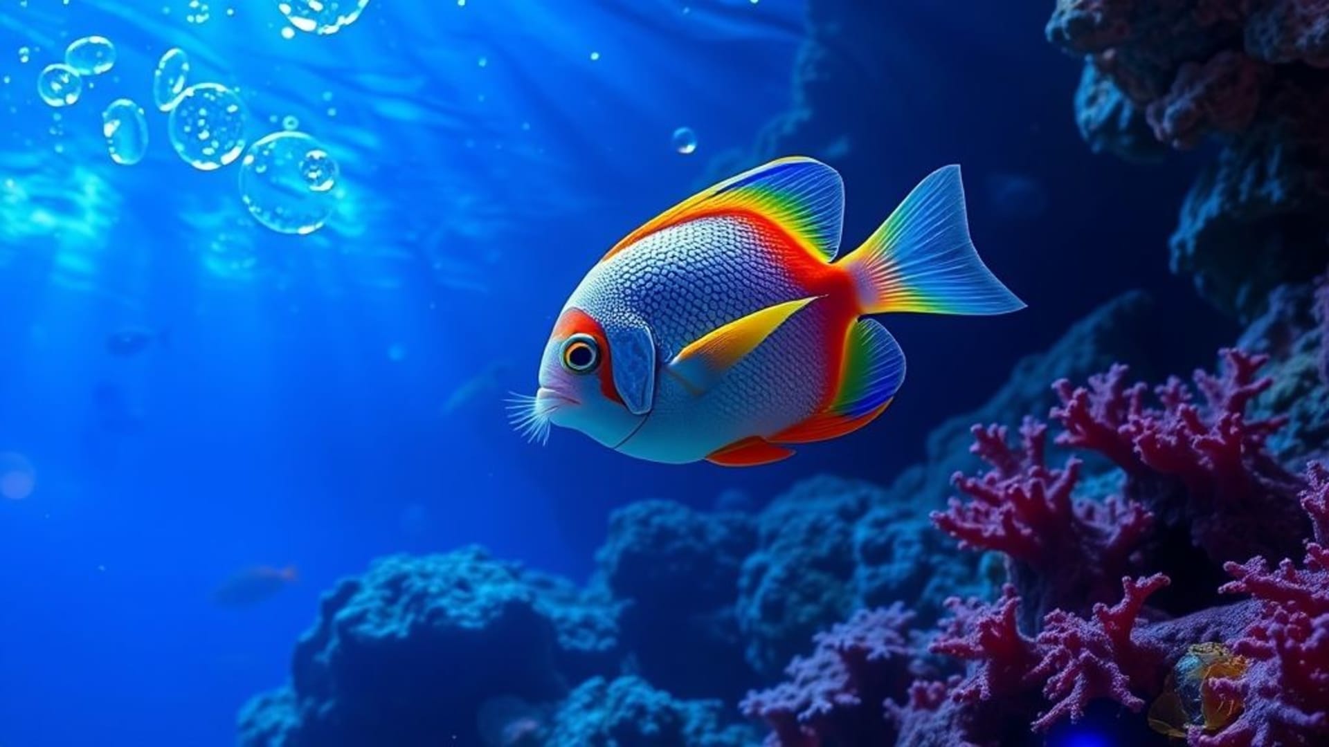 aquarium de récif corallien sous-marin poissons lumière néon bleu fond ecran mer