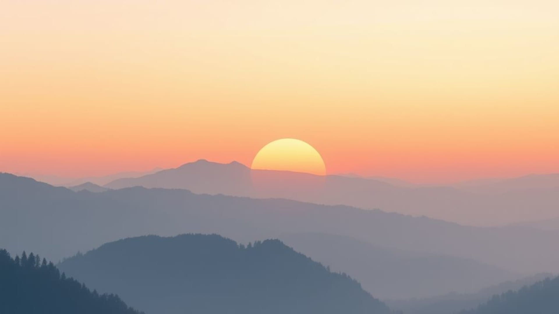 montagnes lever du soleil brouillard paysage design minimaliste plat pastel doux horizon tranquille palette textures douces fond d'écran haute résolution pour ordinateur.