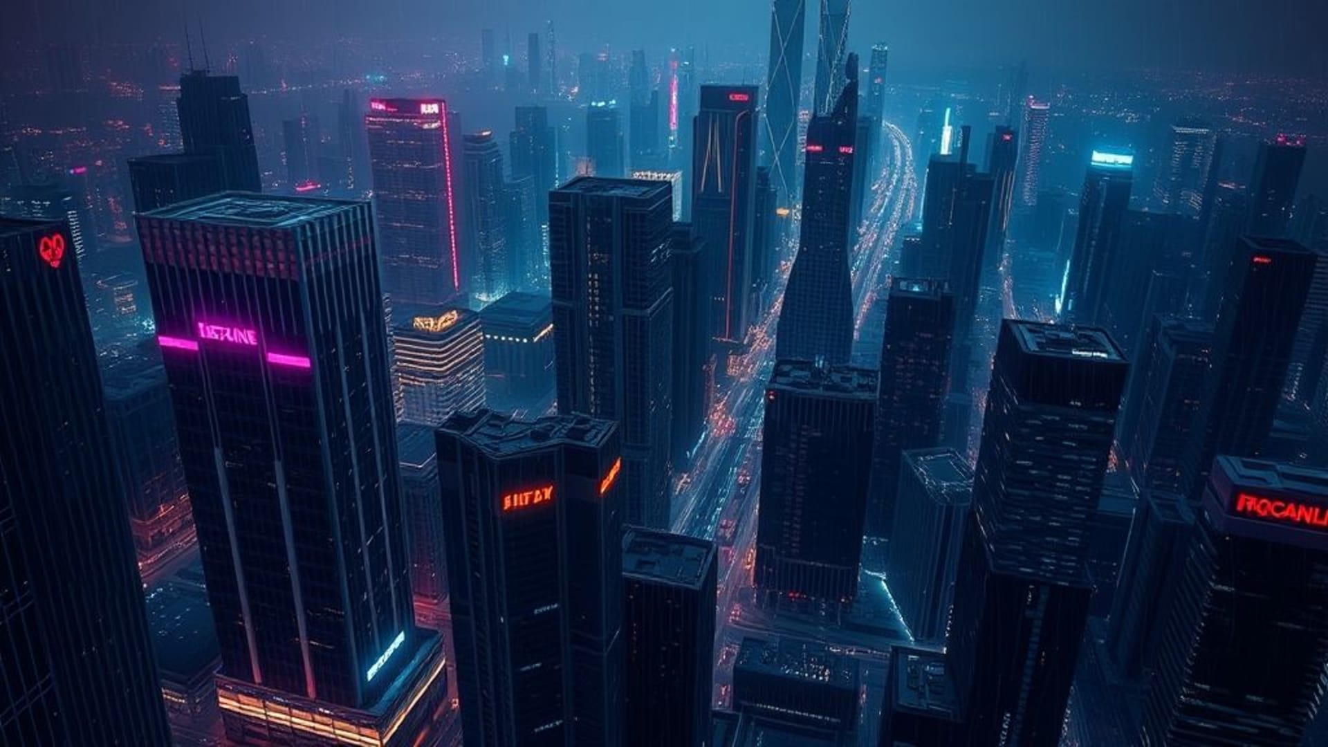 ville cyberpunk nuit néon pluie reflets futuriste synthwave sombre humeur lueur vue aérienne fond d'écran