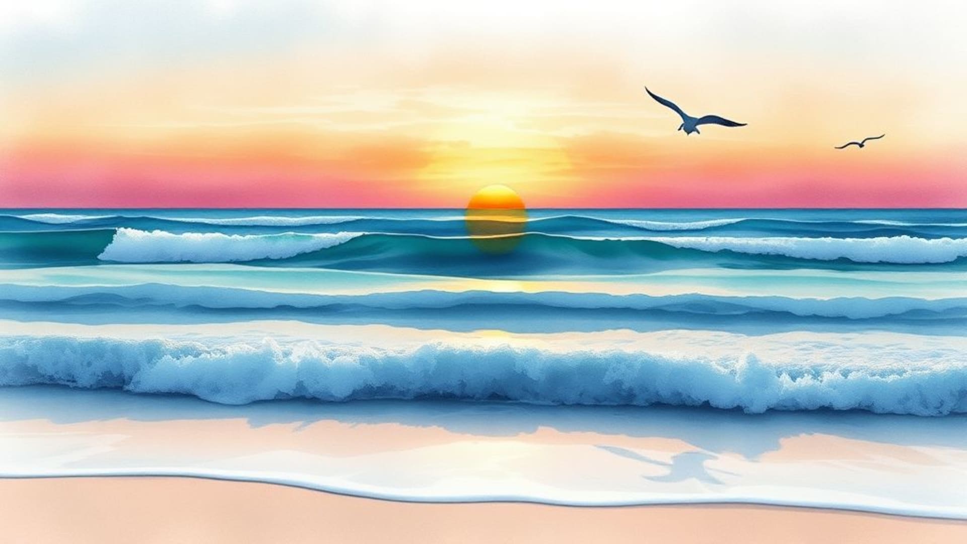 Océans aquarelle vagues plage coucher de soleil silhouettes mouettes pastels doux fond ecran aquarelle vibes côtières apaisantes