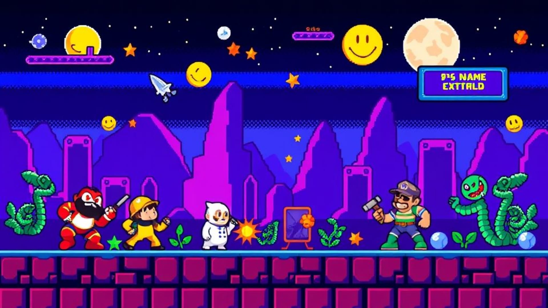 Personnages de jeux vidéo rétro en pixel art aux couleurs vives, au style pixelisé, nostalgique, façon arcade, pour fond d'écran.