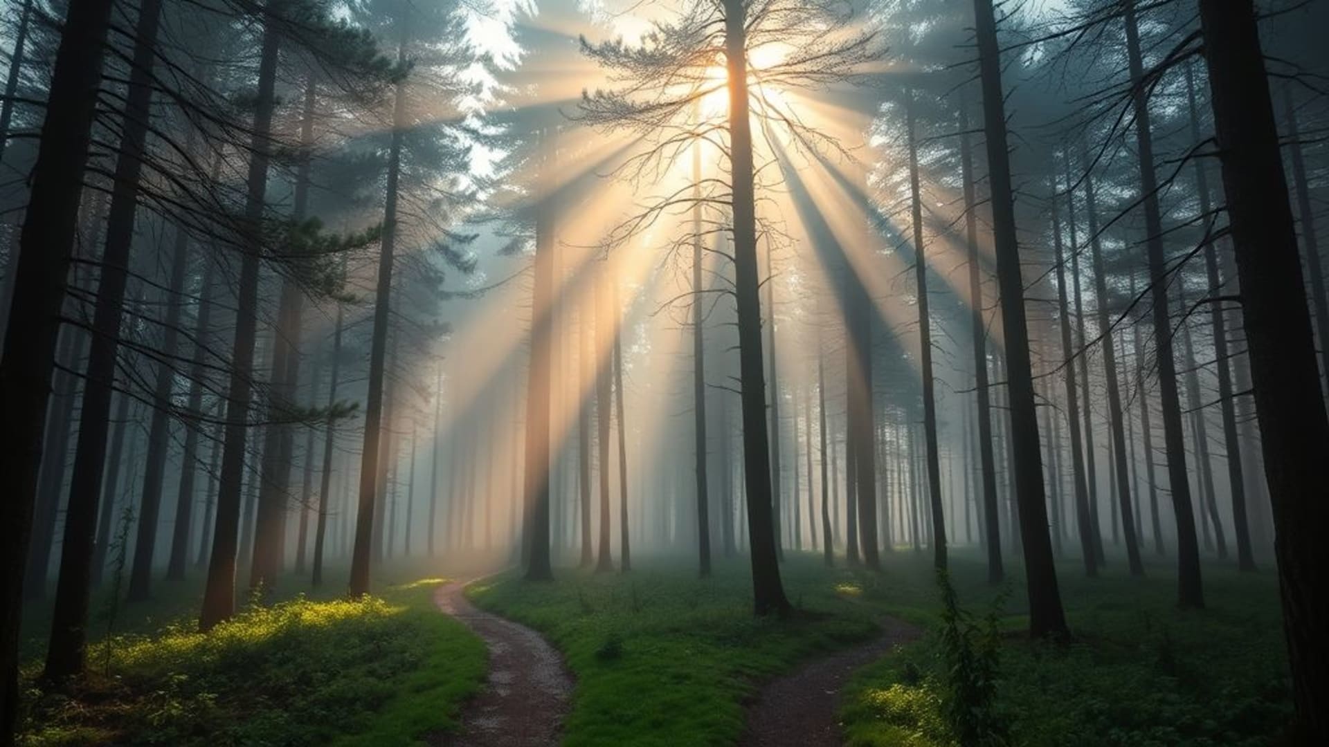 Brume de forêt sentier pins arbres rayons de soleil nature sereine fond ecran écologique minimaliste zen