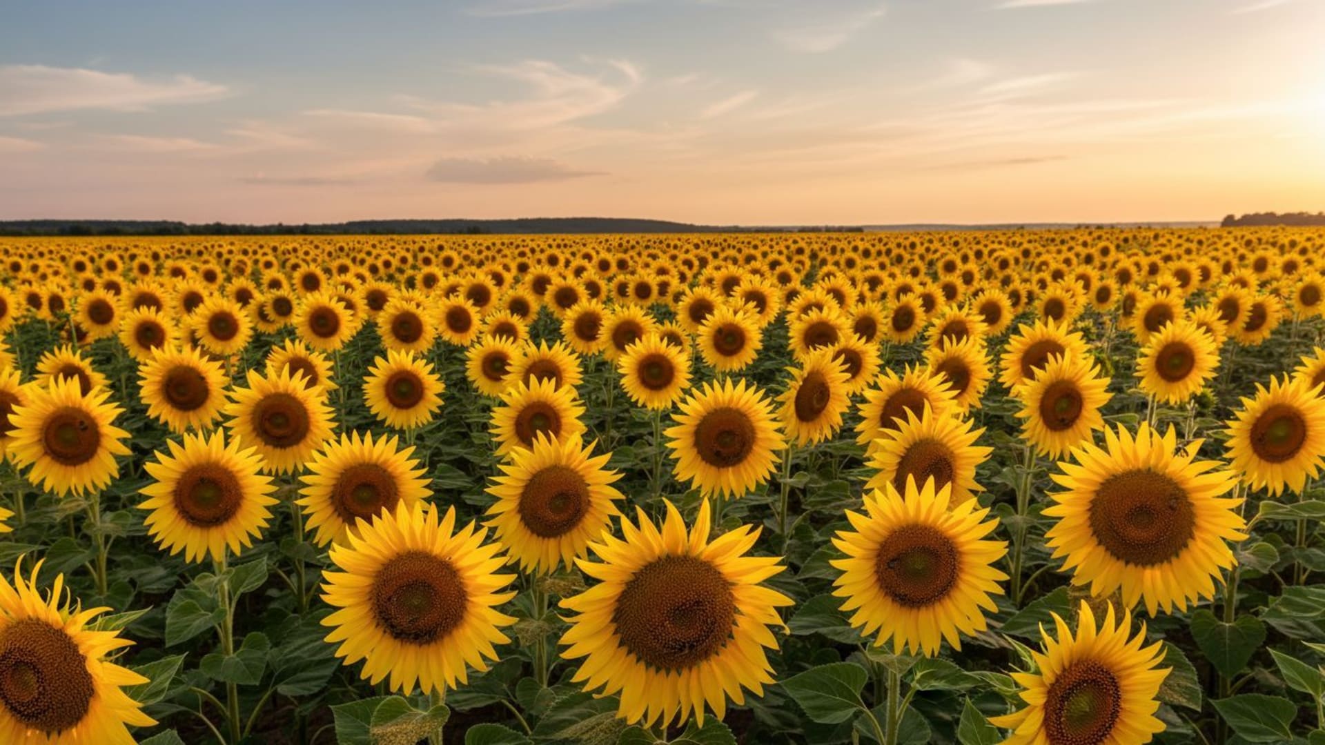 Champ de tournesols en plan large, jaune vif, heures dorées, été, floraison, tête de tournesol, abeille, floraison, paysage vivant, aérien.