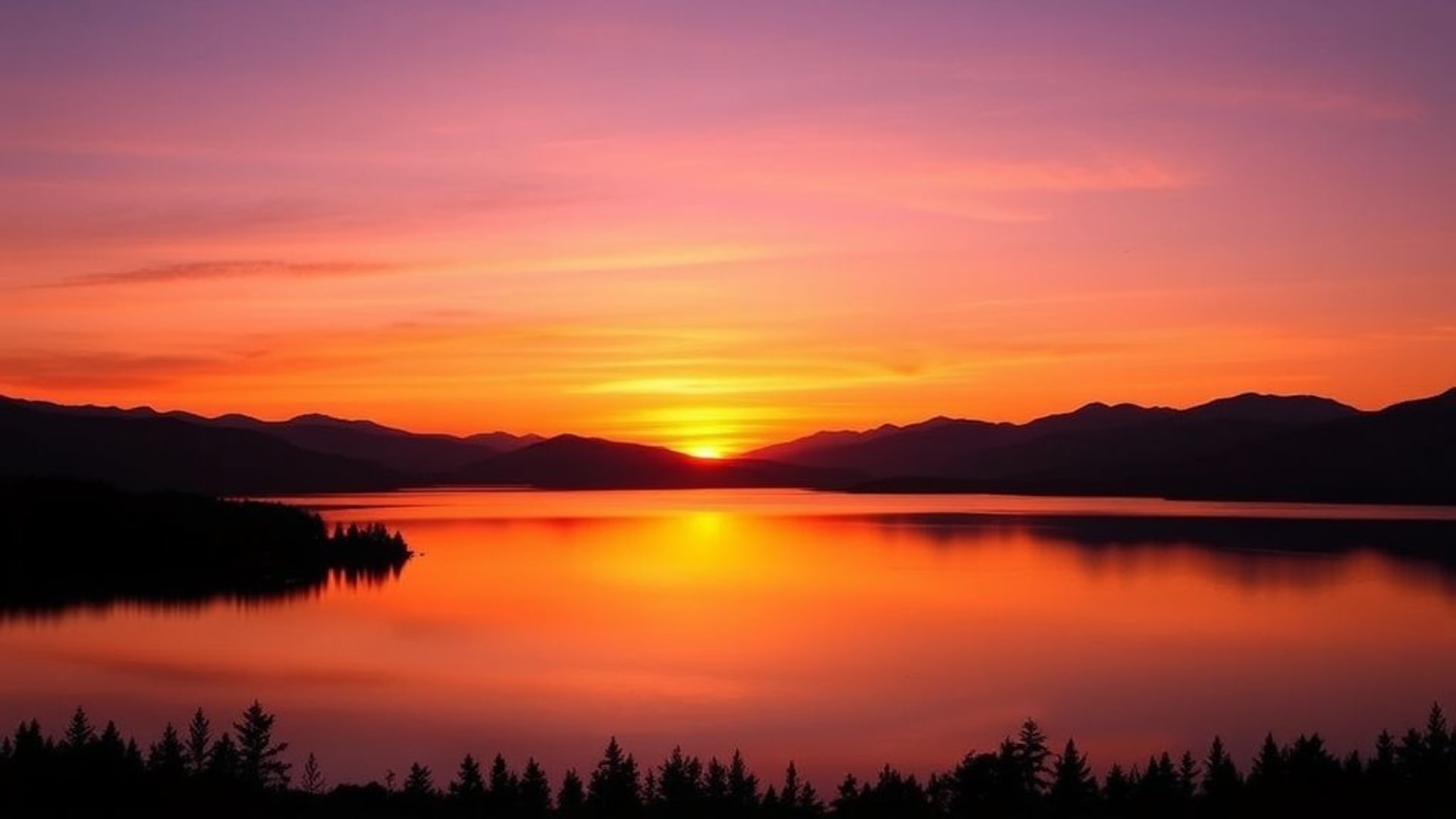 Silhouettes au coucher du soleil, montagnes, lac, eau calme et réfléchissante, dégradé, orange chaud et violet, fond d'écran