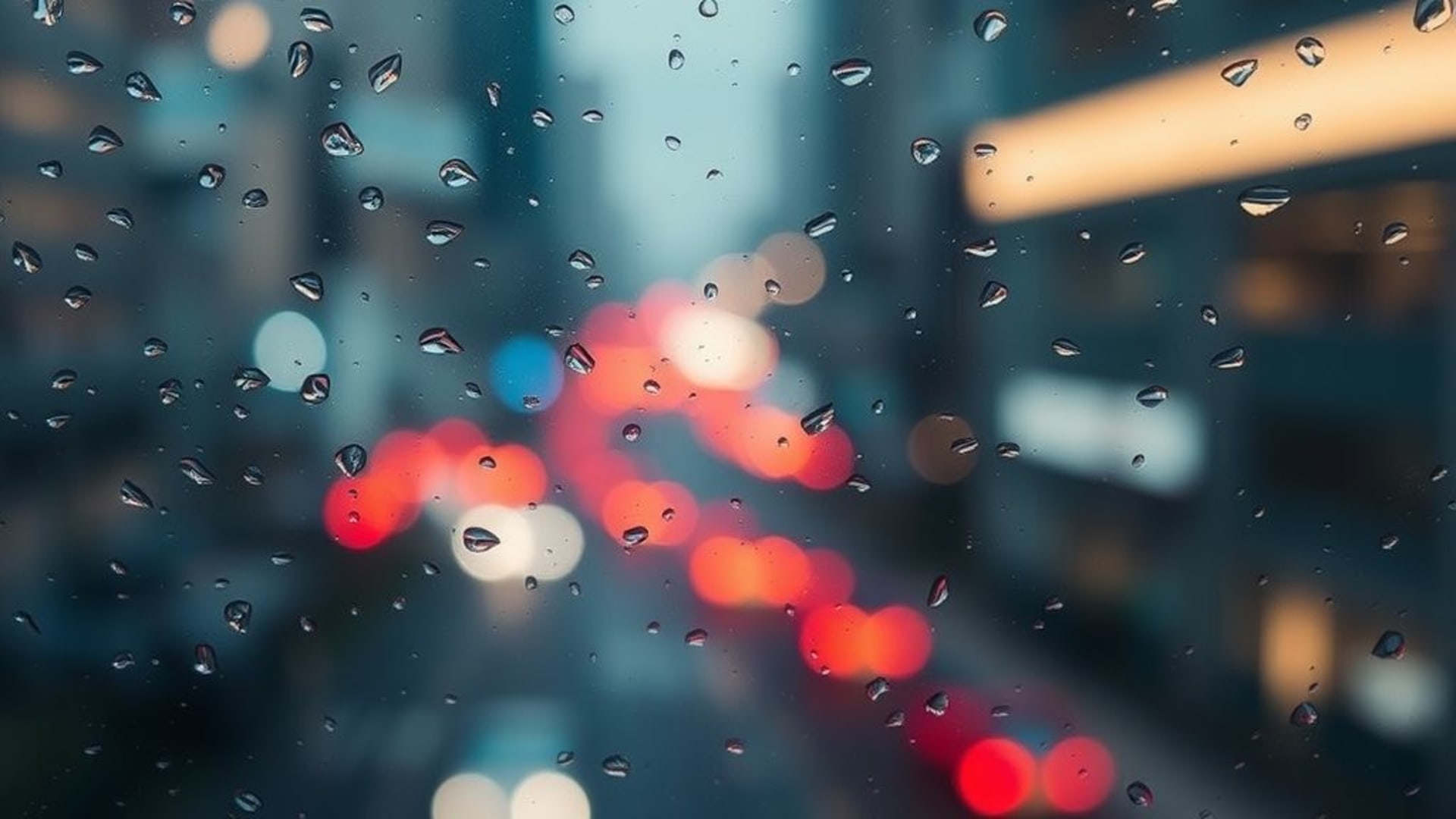 Gouttes de pluie sur une vitre floue de la ville avec un flou artistique, une lumière douce, comme un fond d'écran douillet et mélancolique