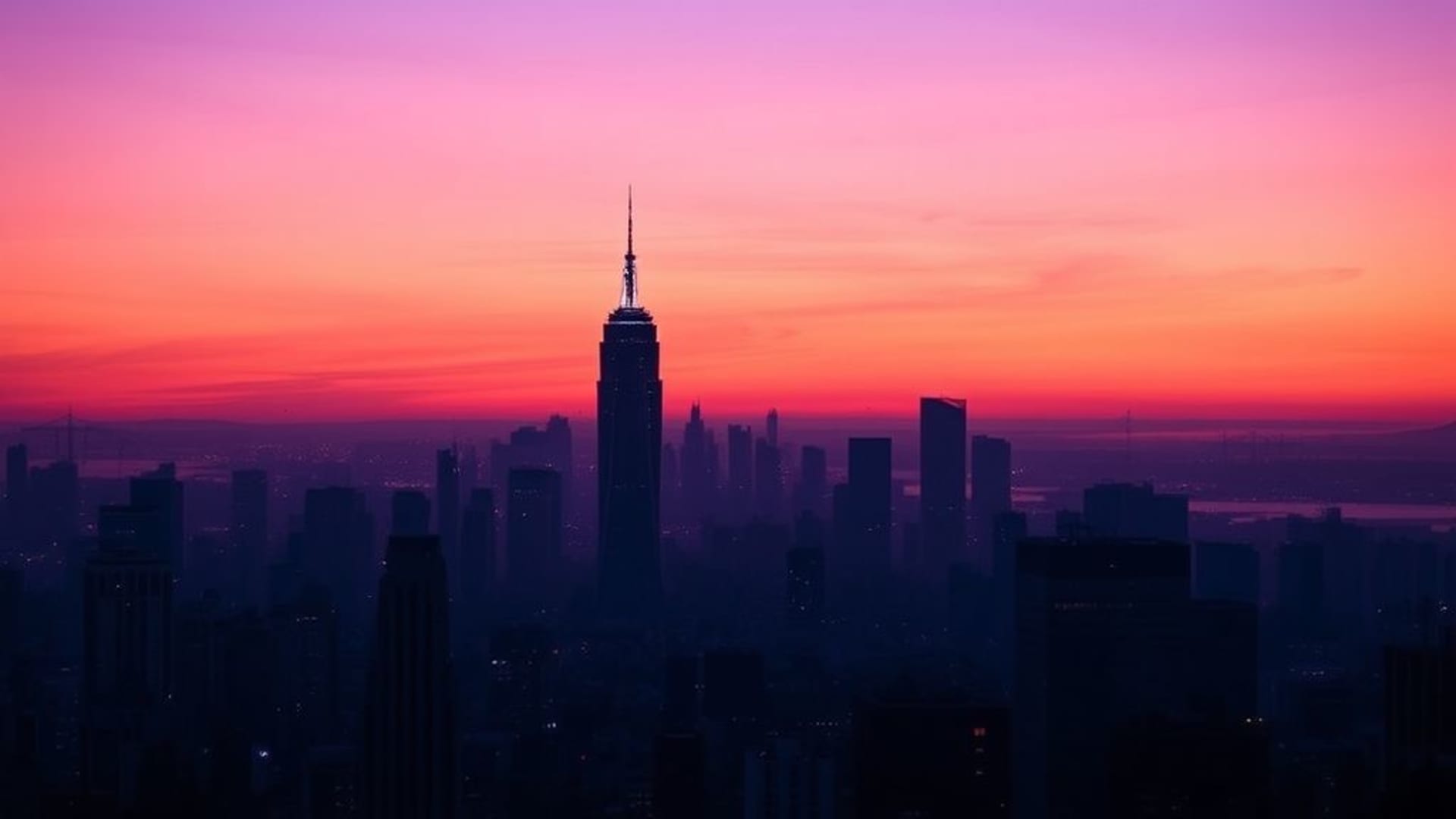 silhouette de la ligne d'horizon de la ville au crépuscule avec une lueur chaleureuse dégradé violet bleu fond d'écran atmosphère urbaine