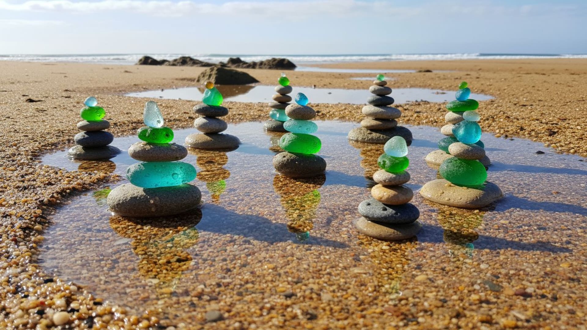 Les sculptures de mare intertidale en verre de mer, pierres lisses, gouttelettes, lumière du soleil, sable, eau claire, galets, reflet et texture émeraude.