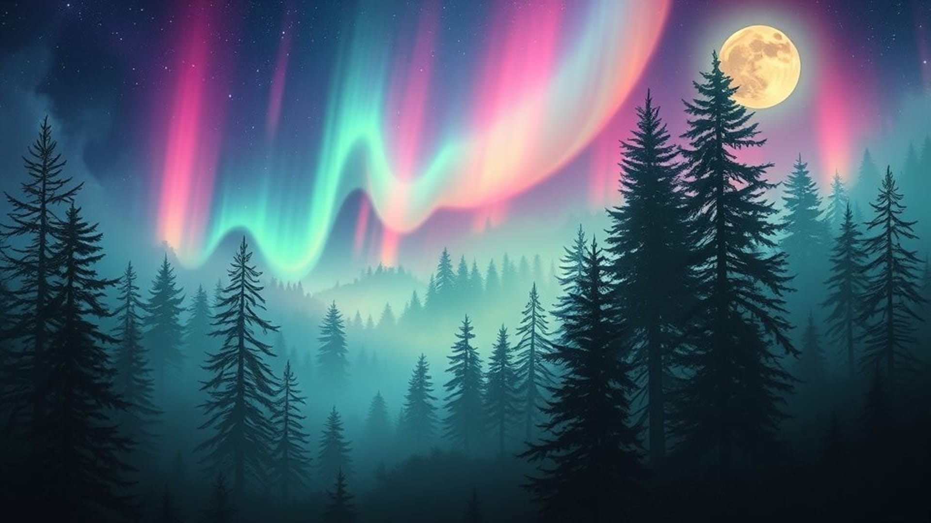 Aurora de forêt de fantasy, éclat de lune, brume magique, art fantasy, fond ecran onirique
