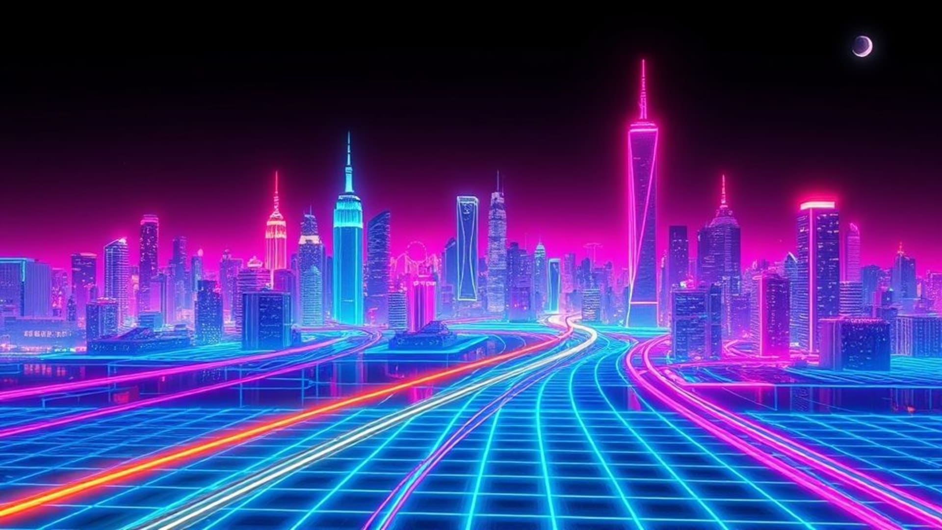 paysage de grille néon cyberpunk rétro futuriste ville nocturne lignes qui brillent fond ecran