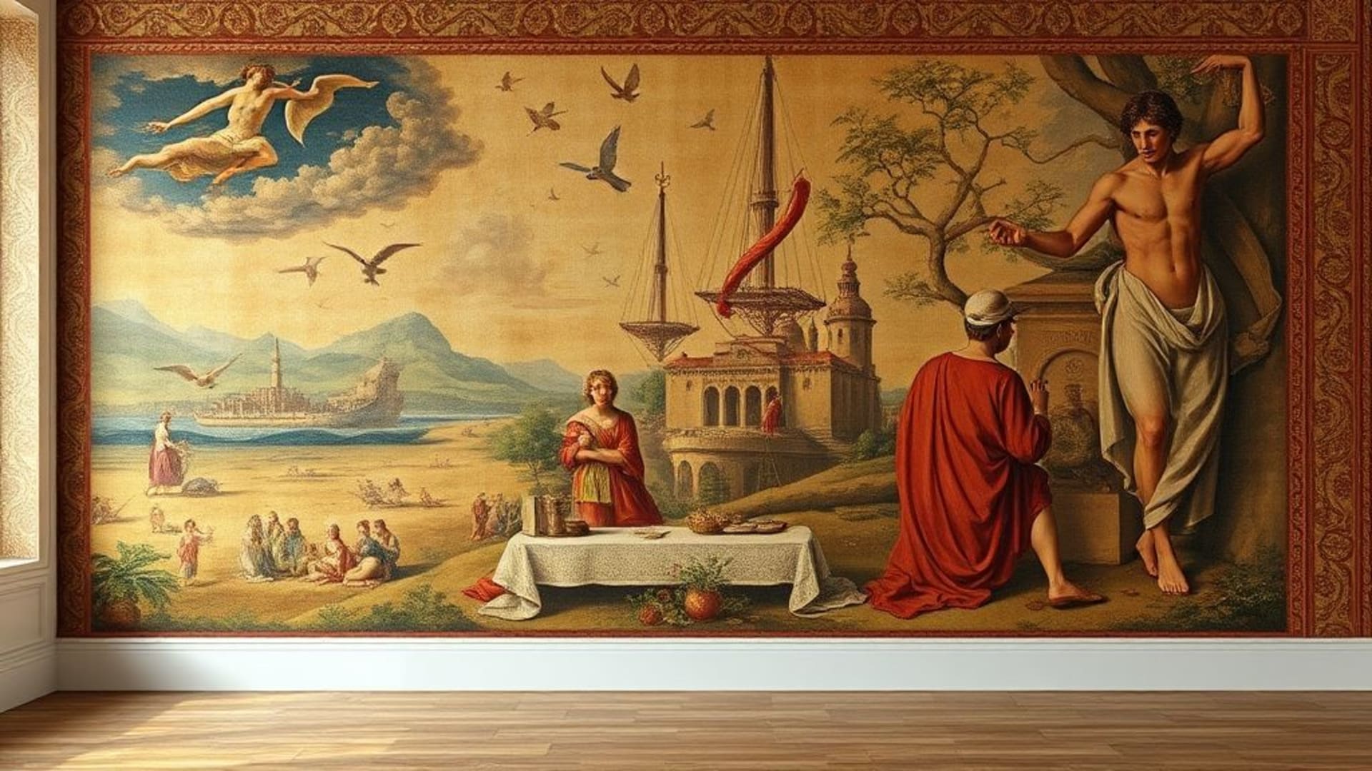 Tapisserie d'art classique peinture de la renaissance fond ecran texturé toile à huile ambiance galerie