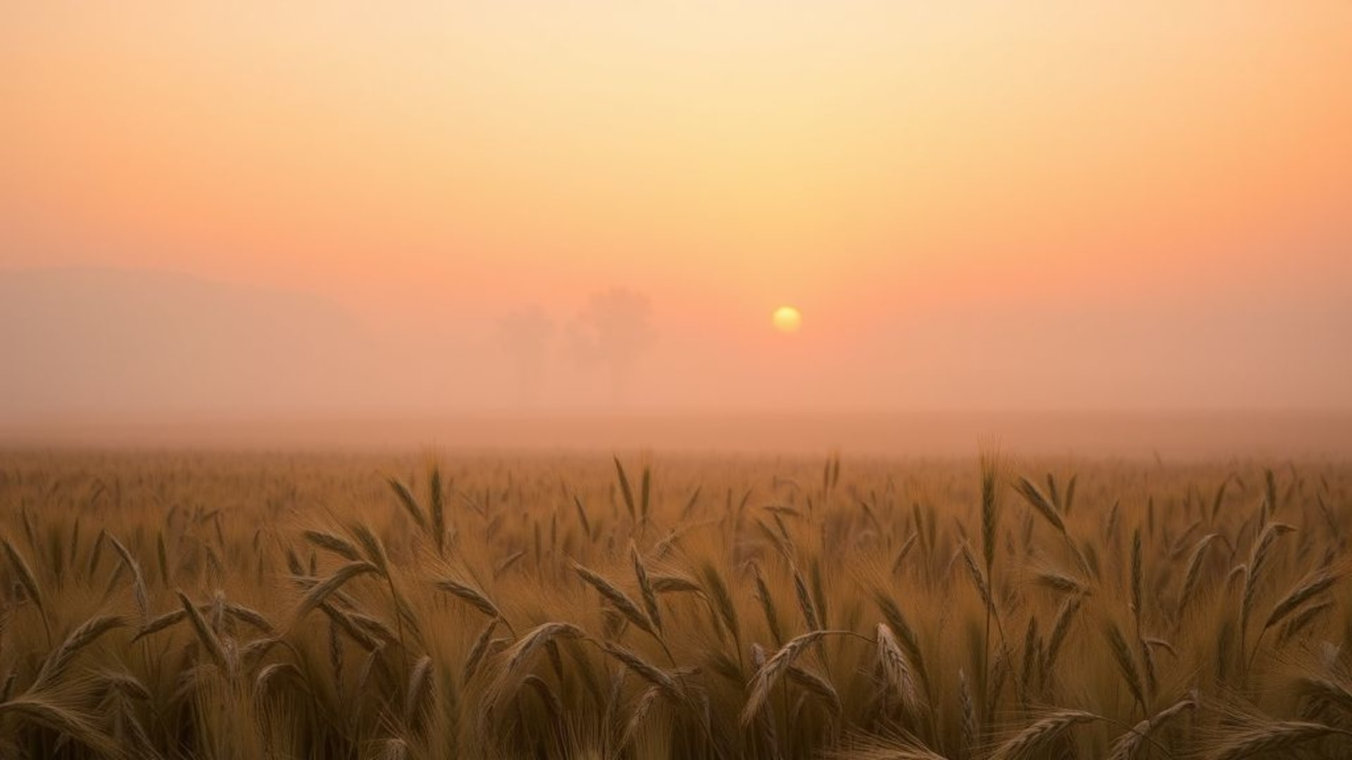 lever de soleil brumeux champ blé heure dorée douce lumière tapis de fond campagne calm